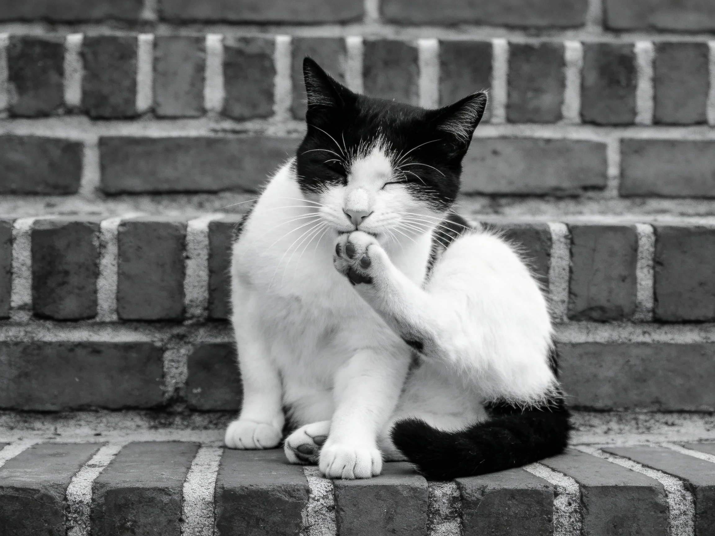 A black - and - white cat grooms itself on weathered brick steps