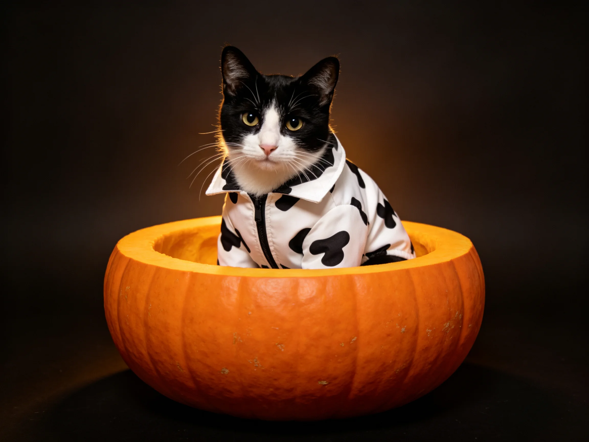 A black - and - white cat in a cow print jacket sits inside a large orange pumpkin