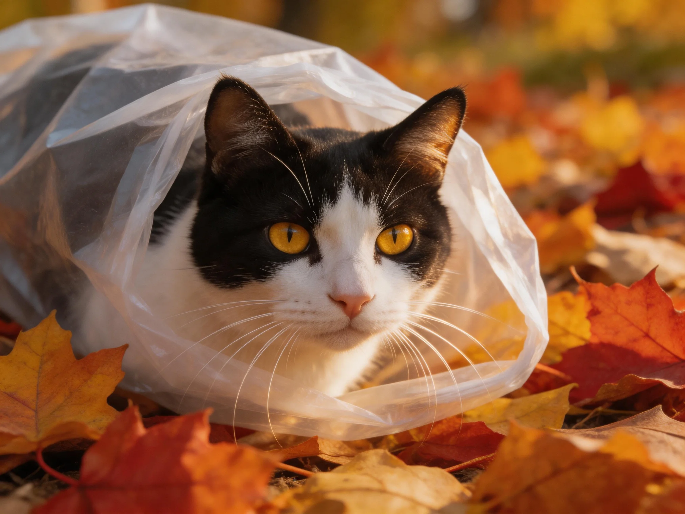 A black - and - white cat peeks from a plastic bag amidst colorful fall leaves.