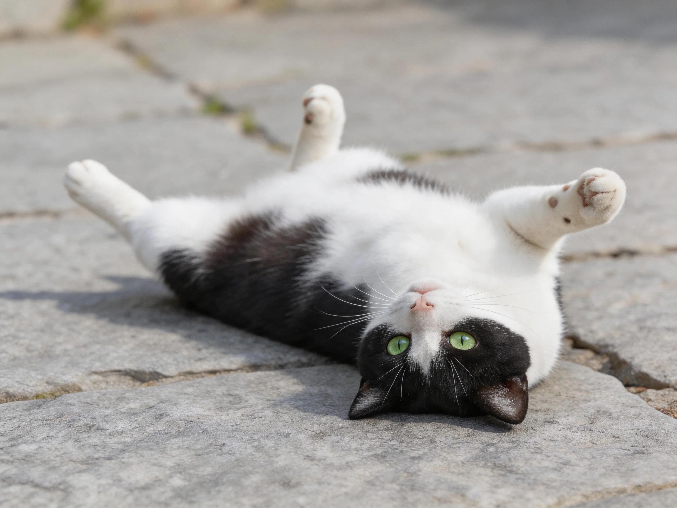 A black - and - white cat lies upside down on stone pavement with bright green eyes