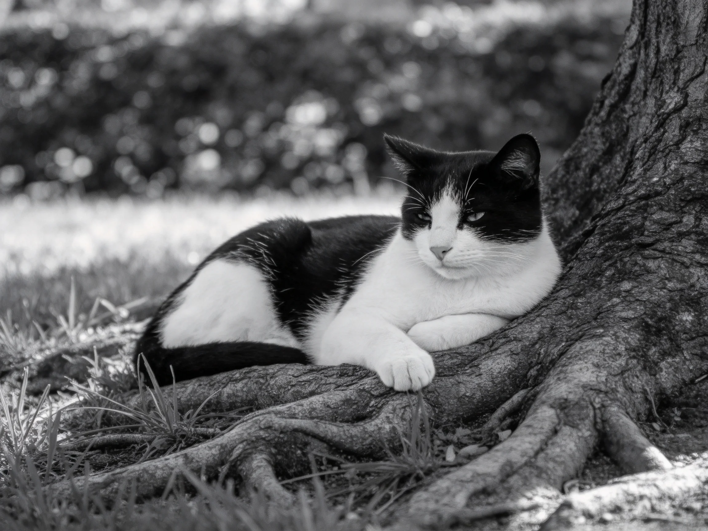 A black - and - white cat relaxes beside tree roots in an outdoor area.