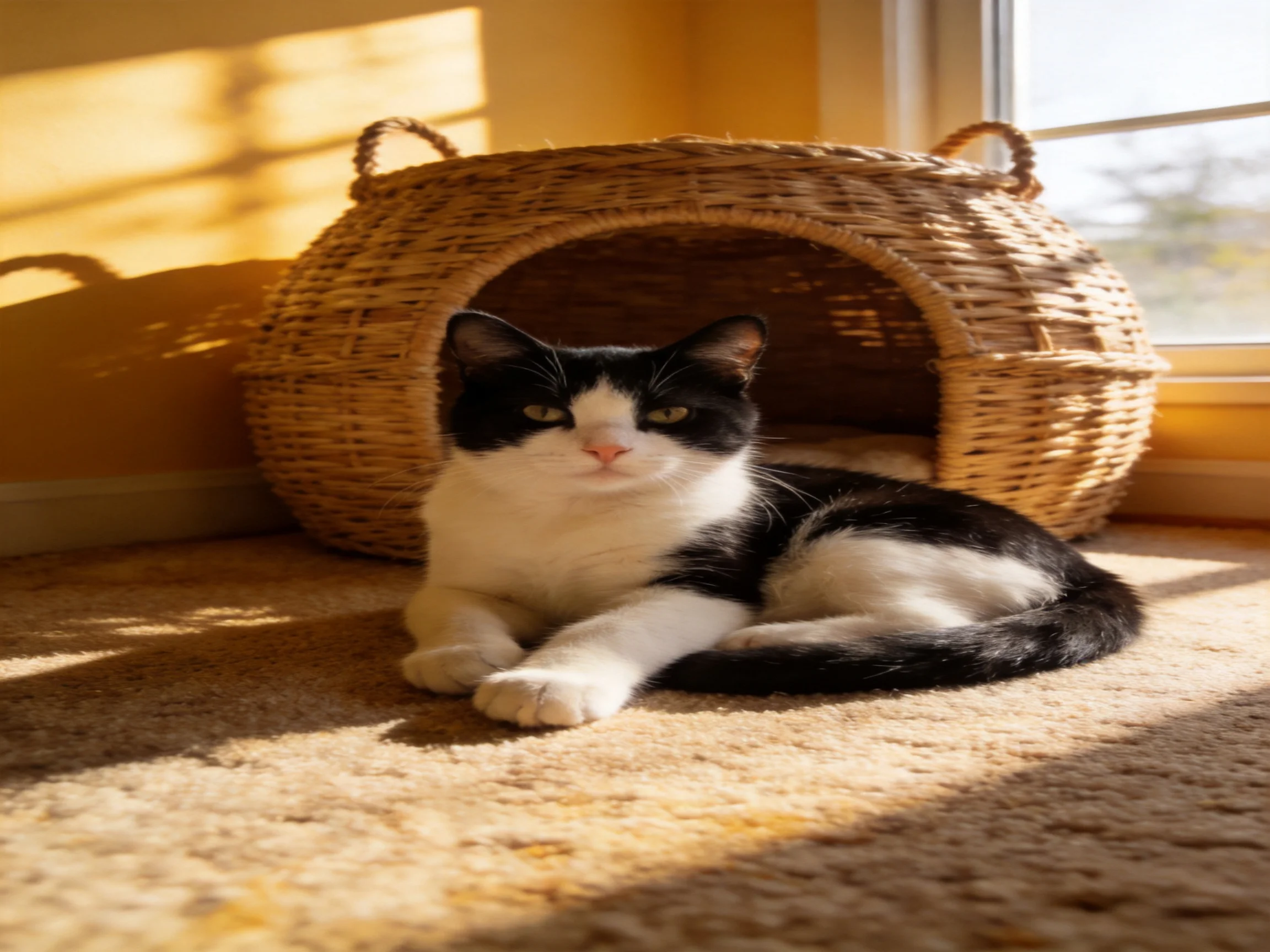 A black - and - white cat lounges beside a wicker pet bed in a sunlit area.