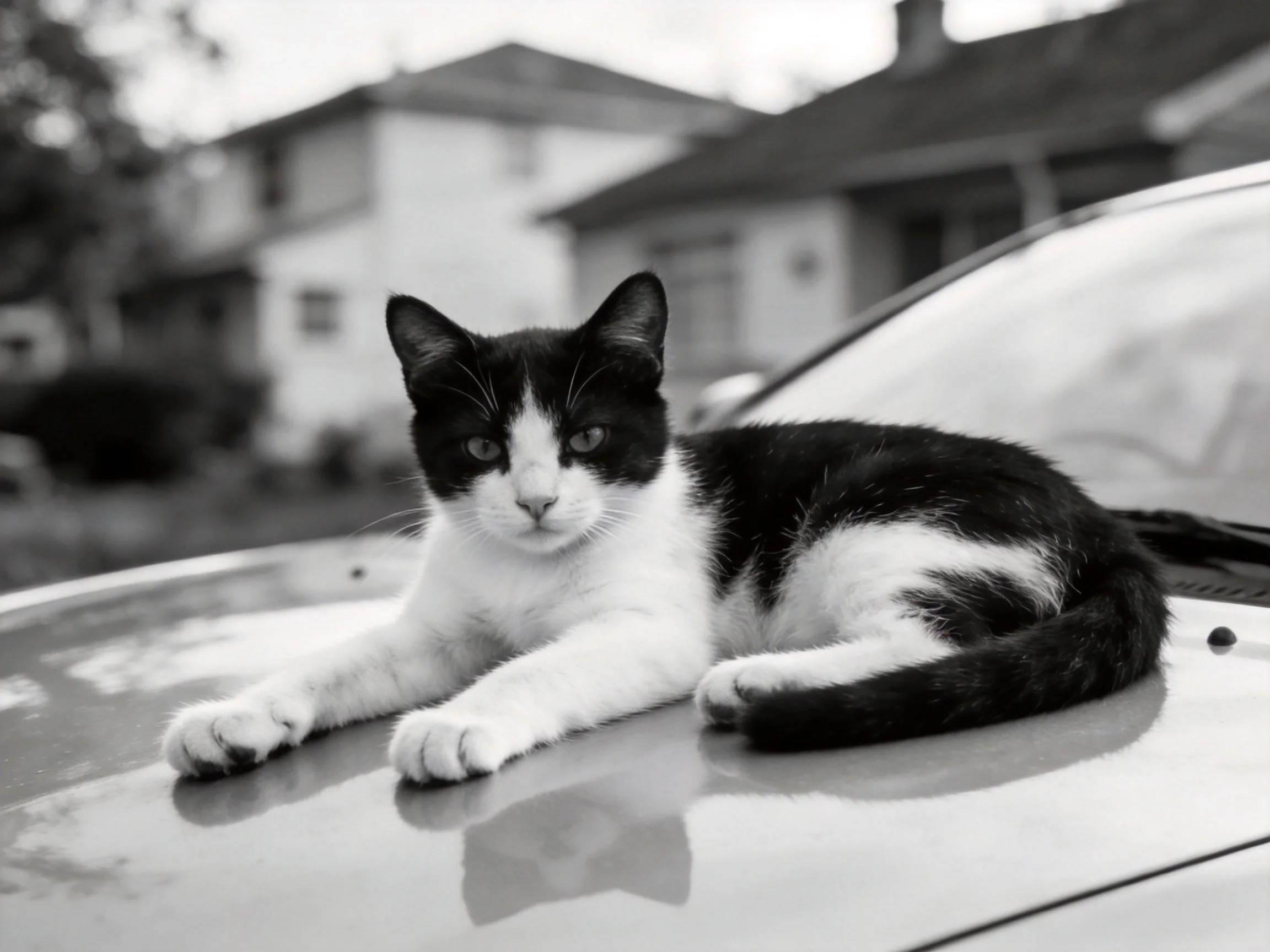 A black - and - white cat relaxes on a car hood in a residential area.