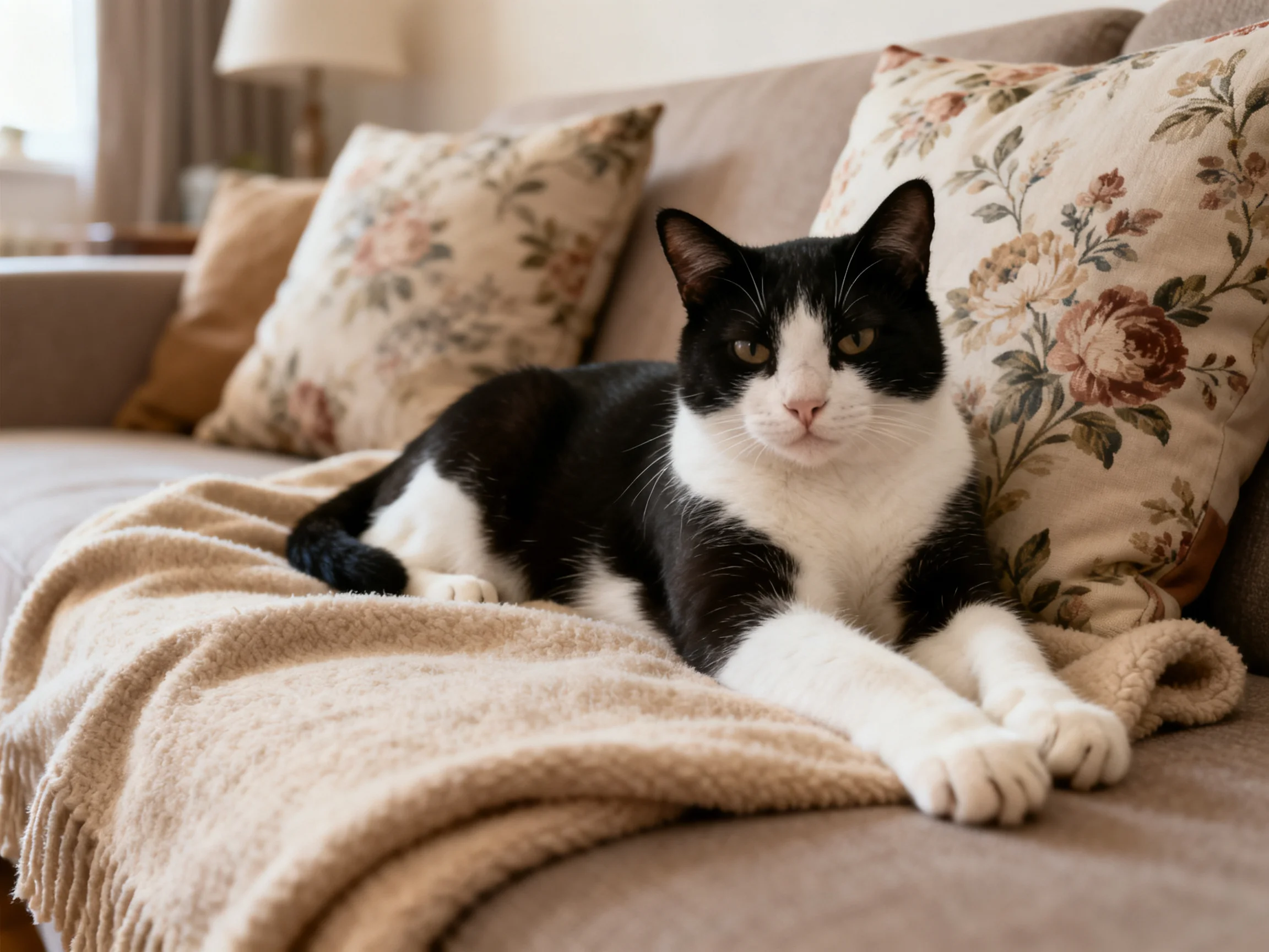 A black - and - white cat relaxes on a sofa with floral cushions.