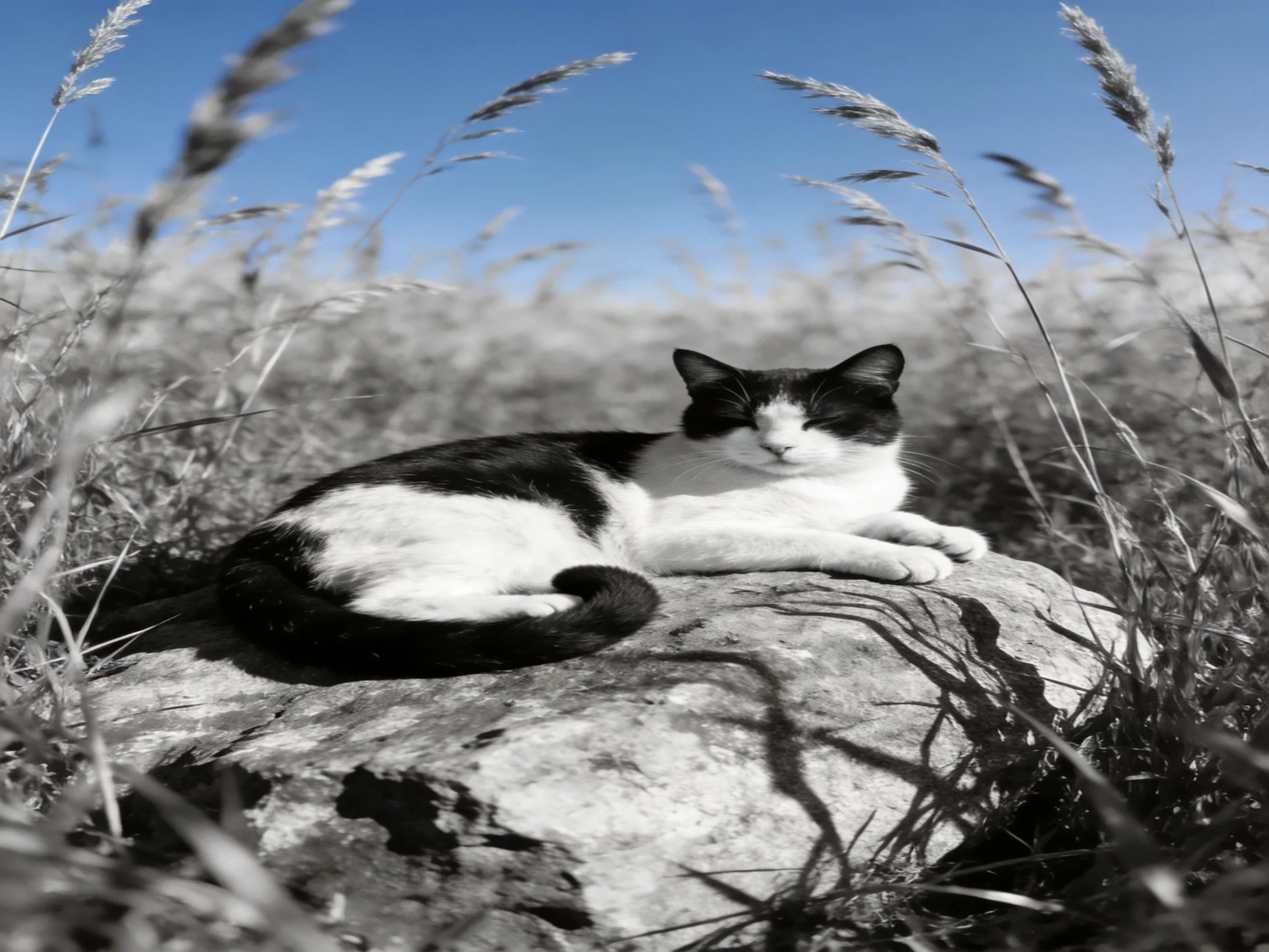 A black - and - white cat relaxes on a rock surrounded by tall grass.