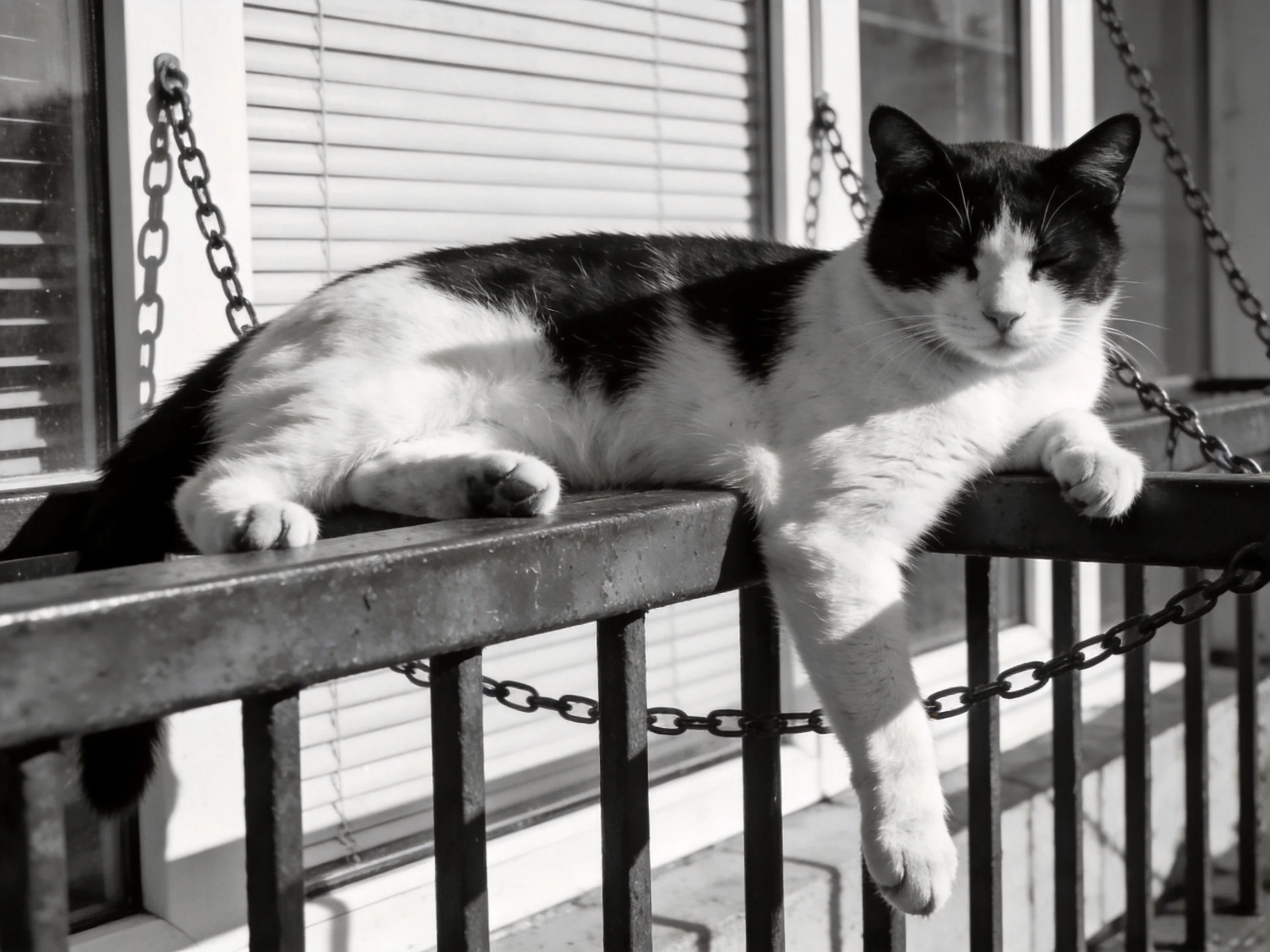 A black - and - white cat relaxes on a metal railing by windows.