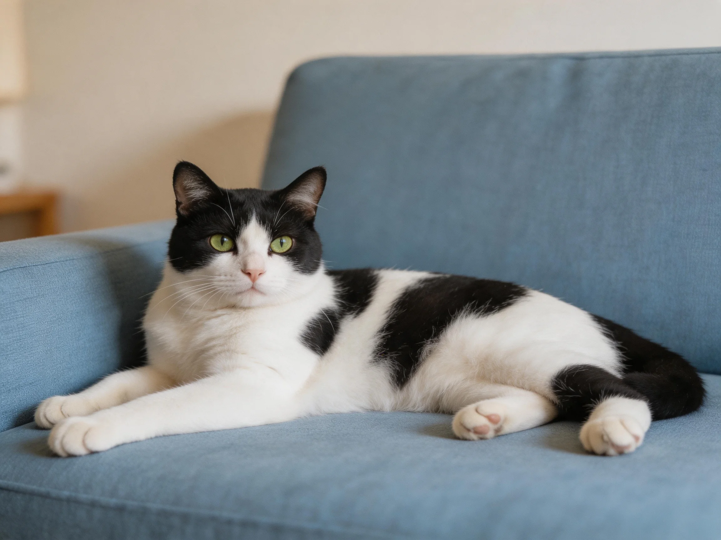 A black - and - white cat relaxes on a blue sofa.