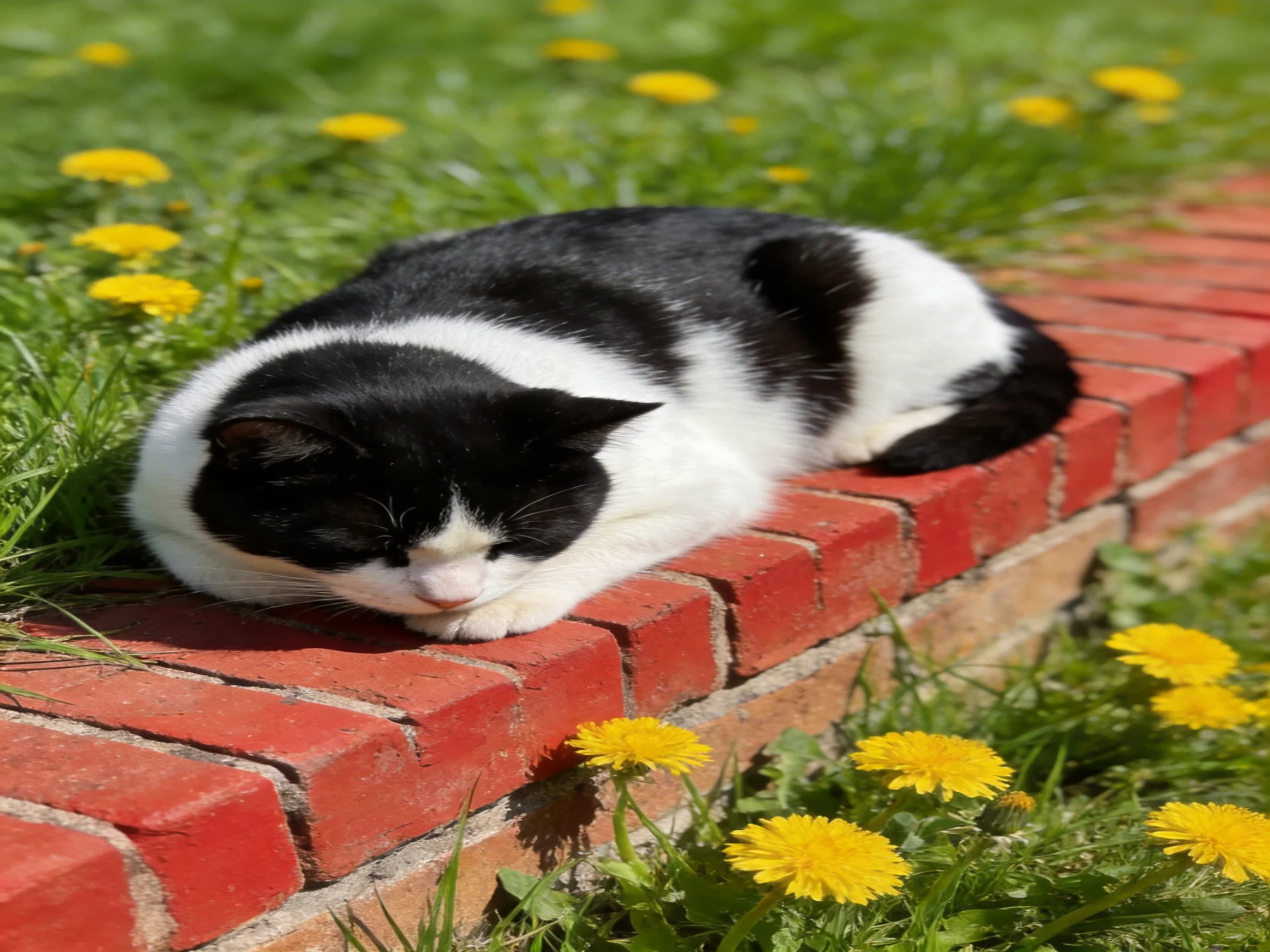 A black - and - white cat rests on a red brick ledge near yellow flowers.