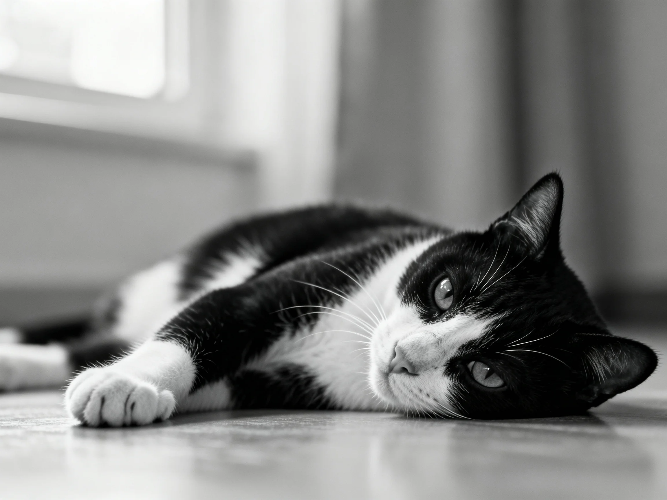 A black - and - white cat relaxes on a floor near a window