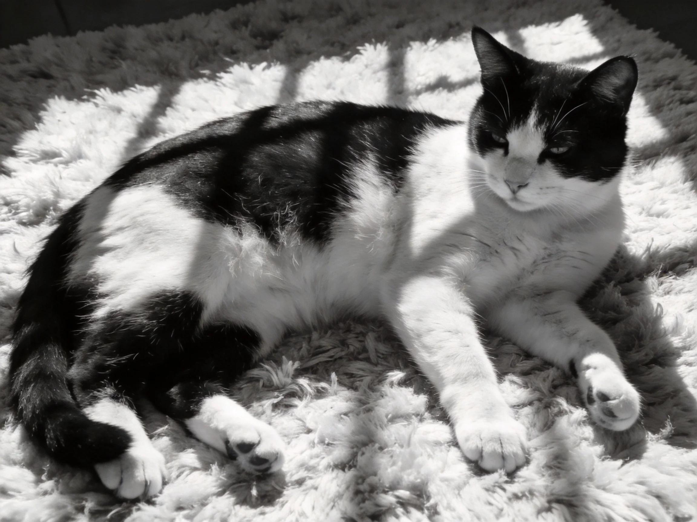 A black - and - white cat rests on a soft rug in sunlight