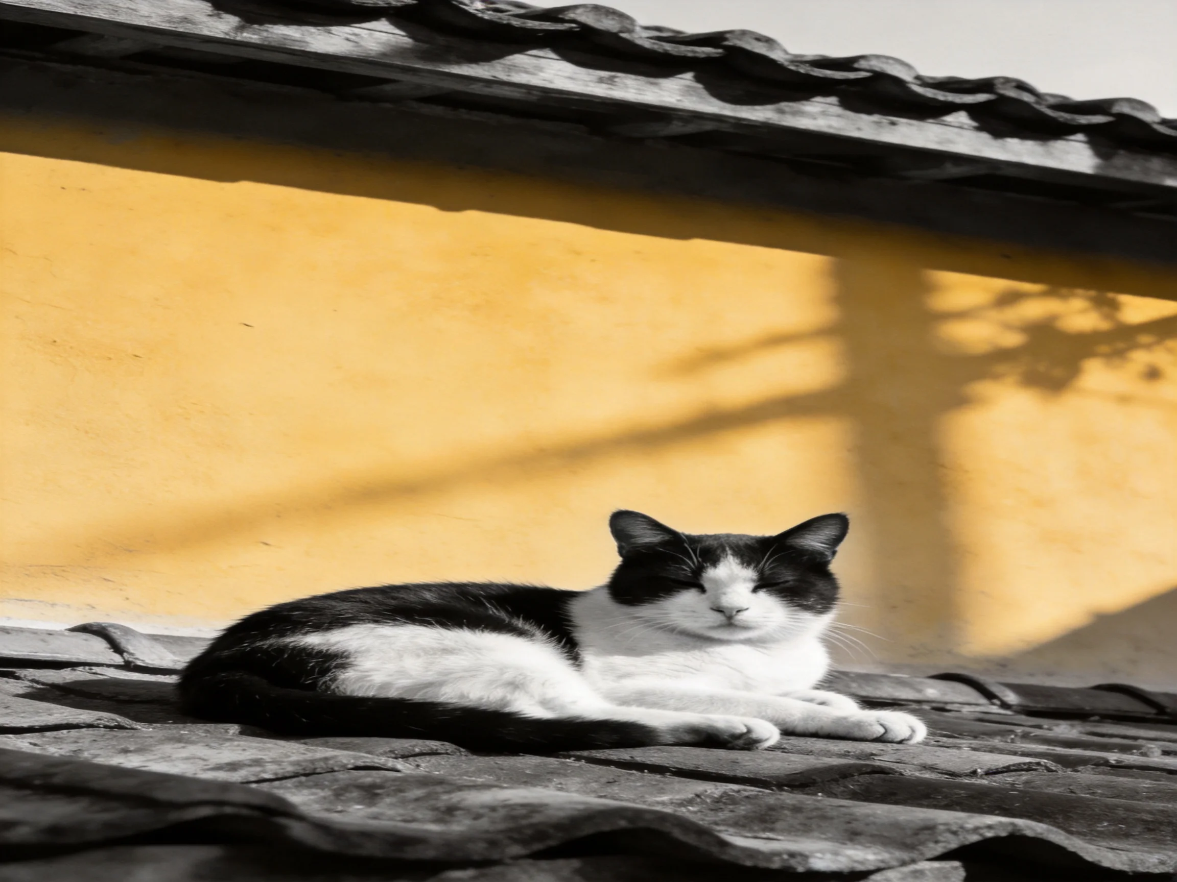 A black - and - white cat relaxes on a tiled roof beside a sunny yellow wall