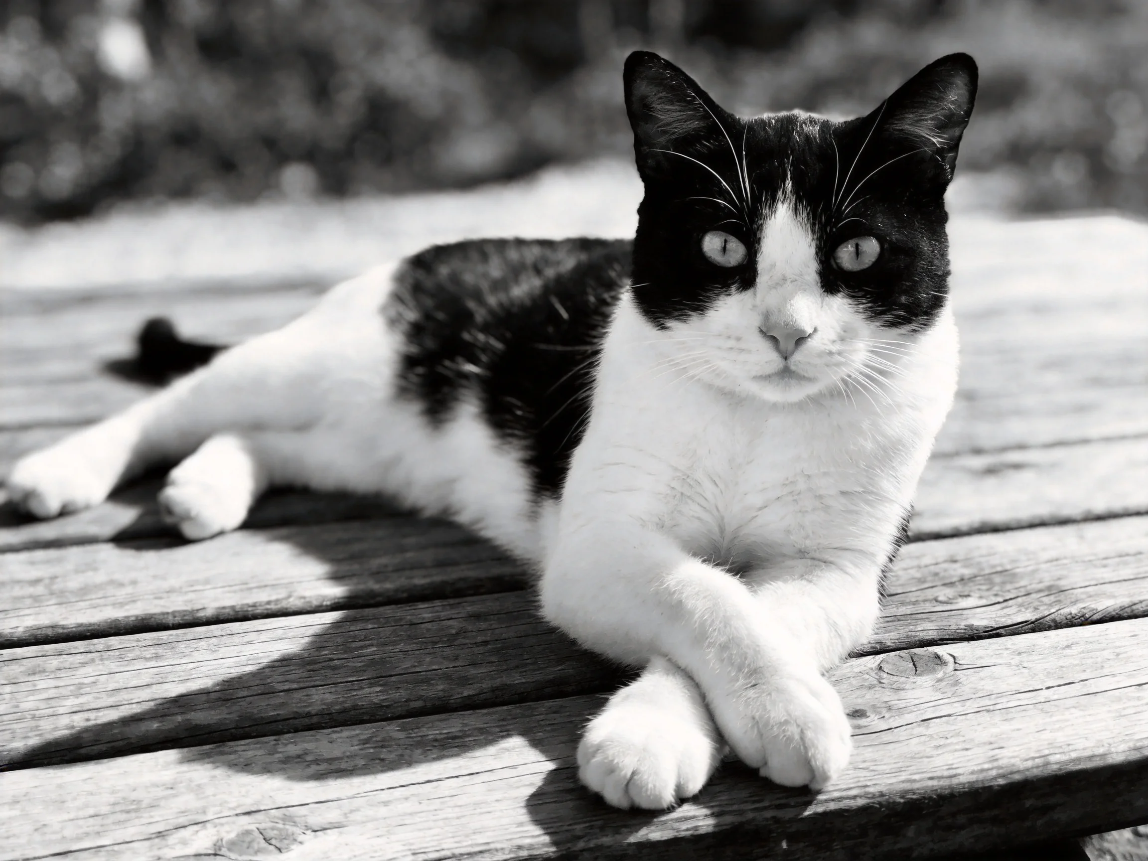 A black - and - white cat lounges on aged wooden planks in an outdoor setting
