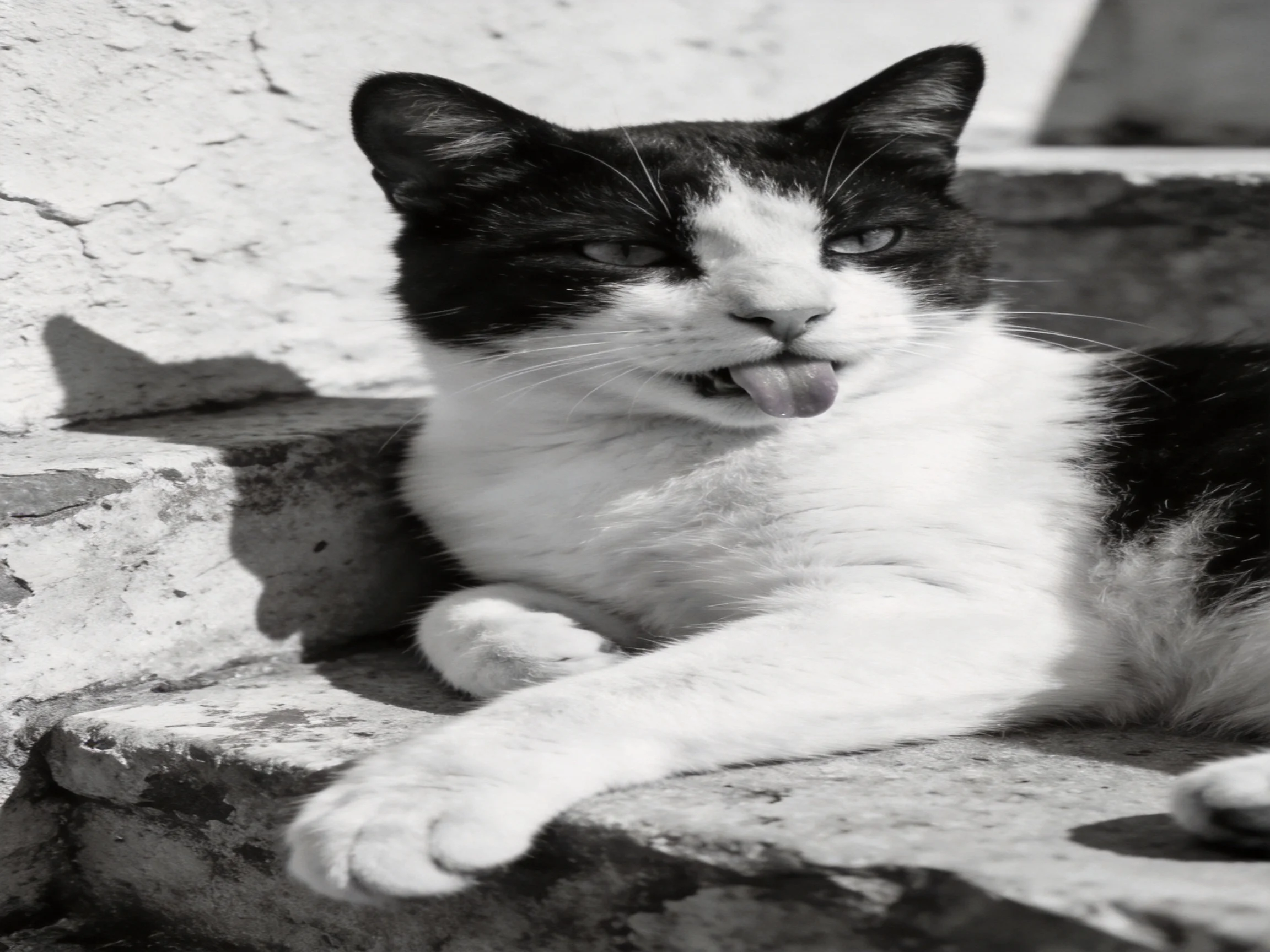 A black - and - white cat relaxes on old stone steps in sunlight