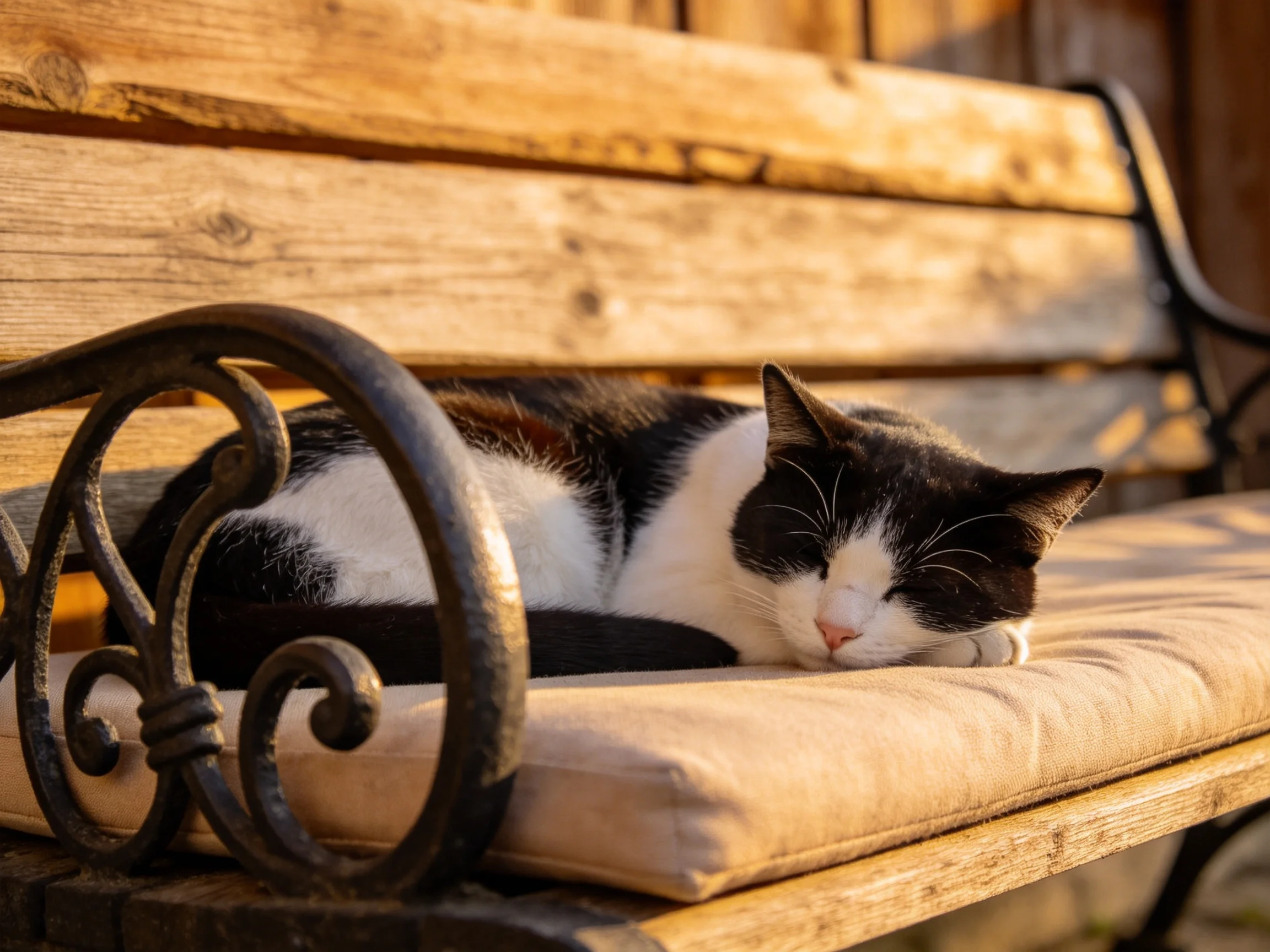 A black - and - white cat naps on a cushioned wooden bench in warm sunlight