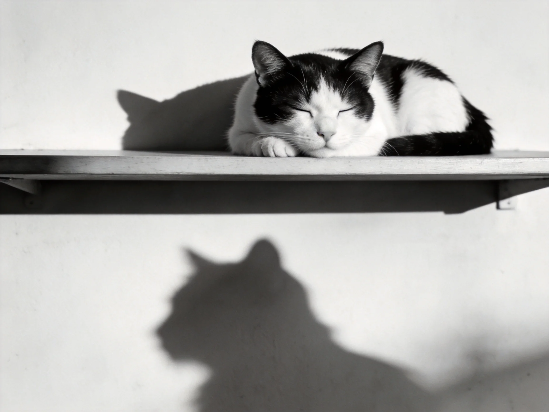 A black - and - white cat naps on a shelf with two shadows below