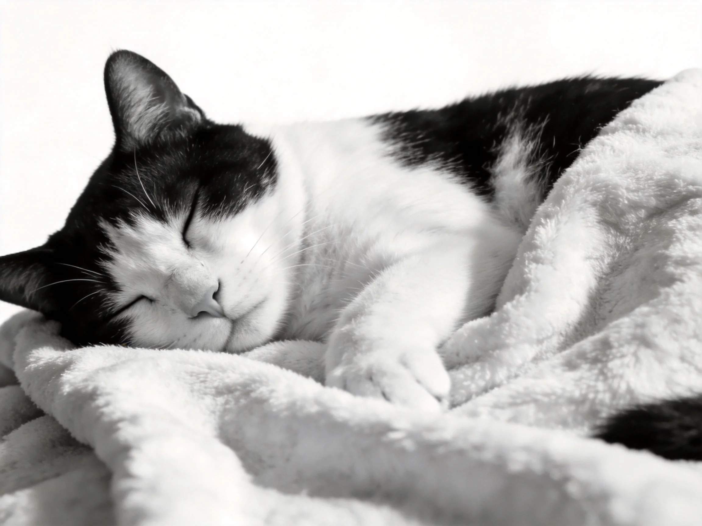 A black - and - white cat naps on a soft blanket