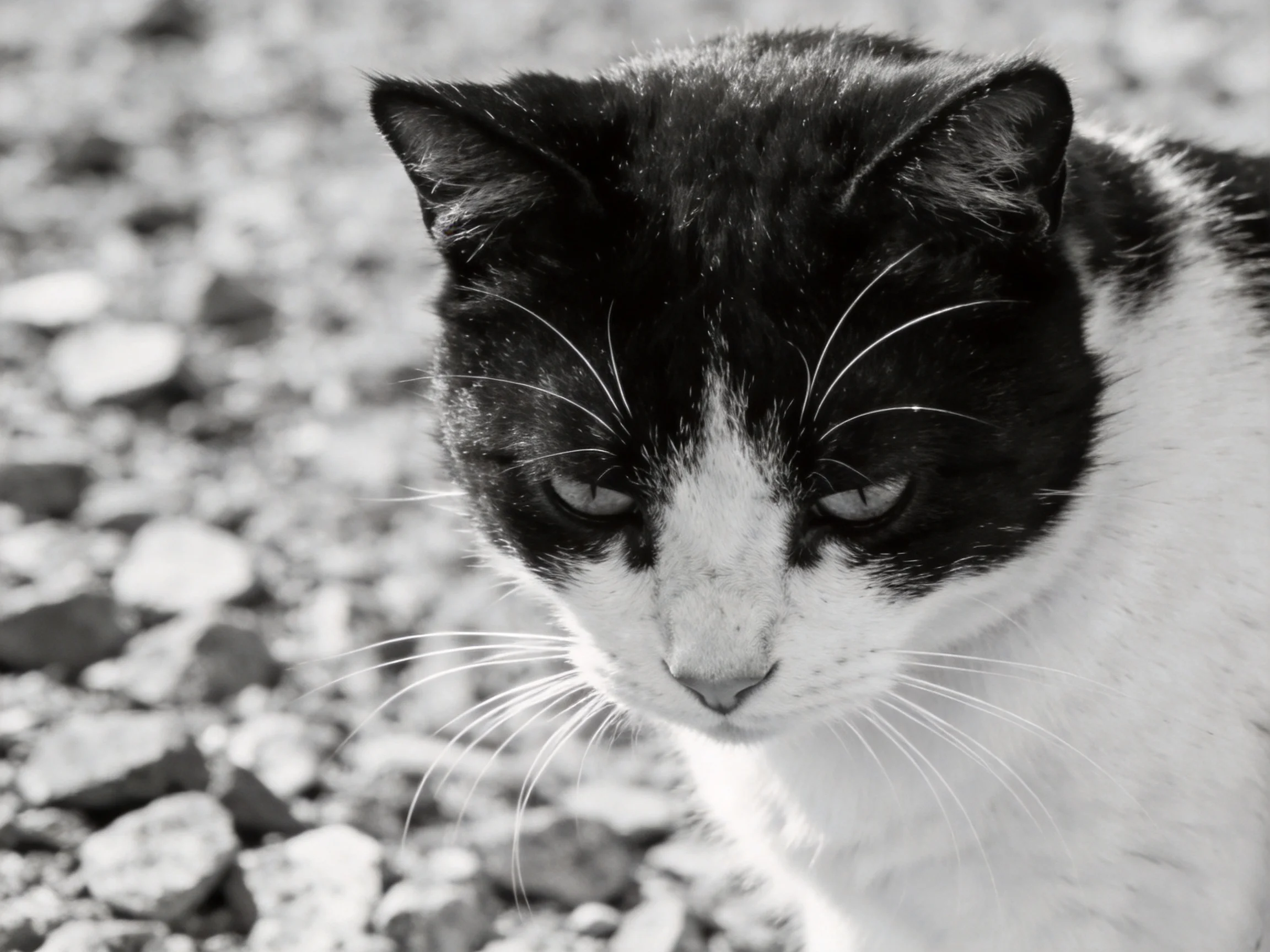 A black - and - white cat is near to smallbbles in an outdoor location.
