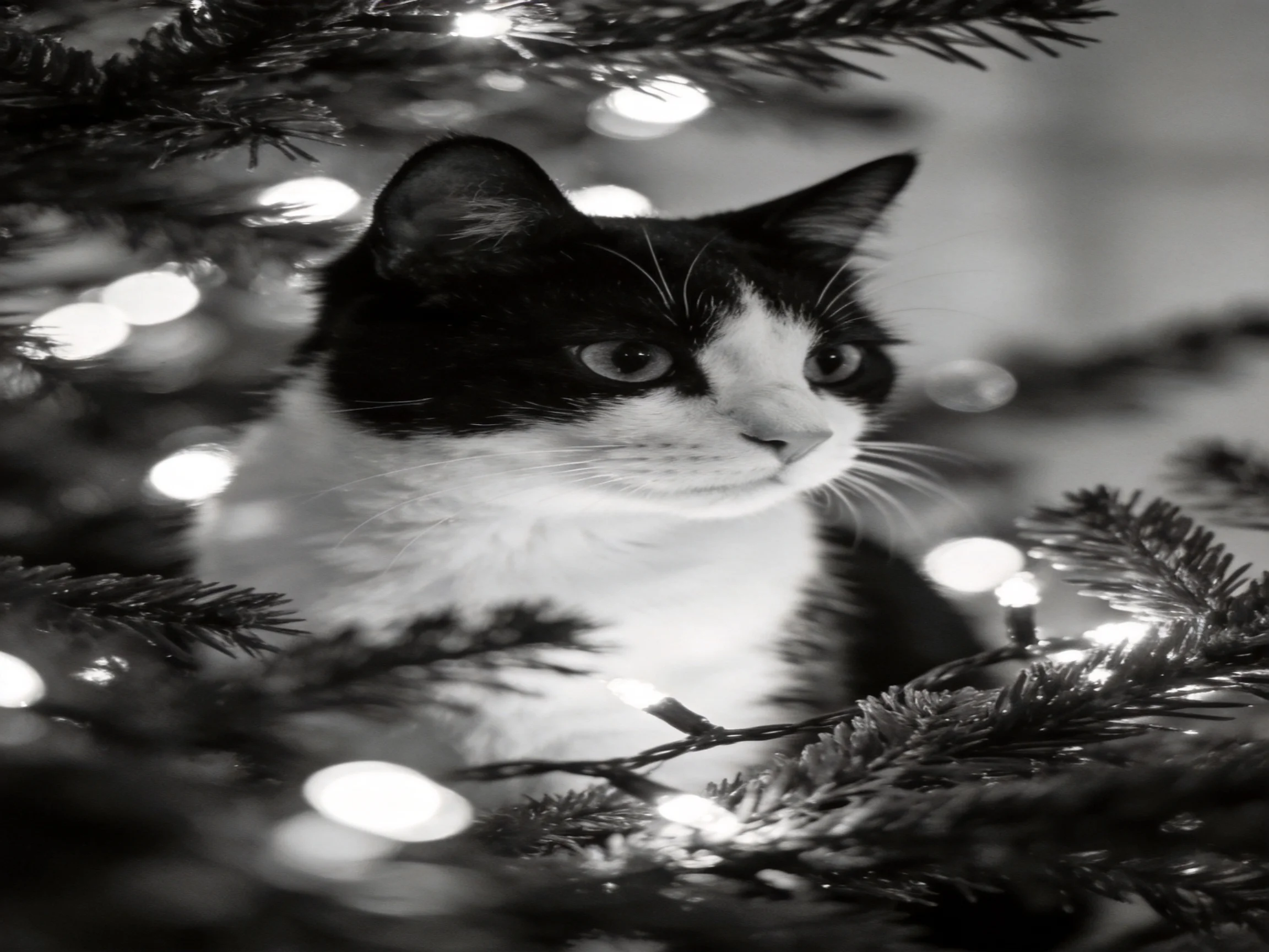 A black - and - white cat sits surrounded by illuminated evergreen branches.