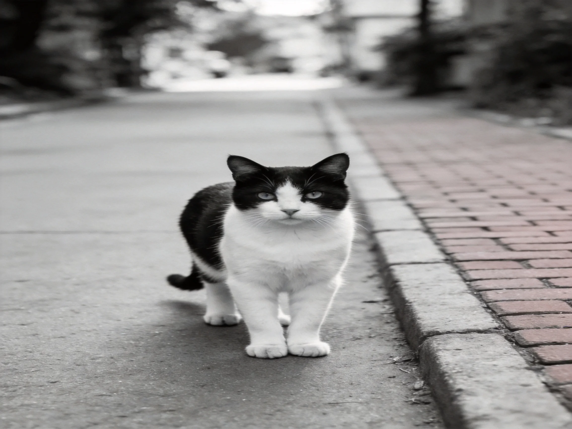 A black - and - white cat on a paved street near a brick path