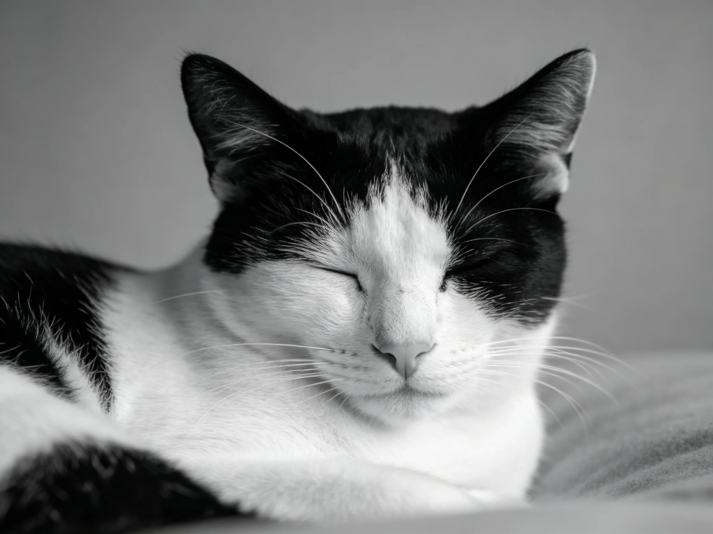 A black - and - white cat peacefully resting with eyes shut