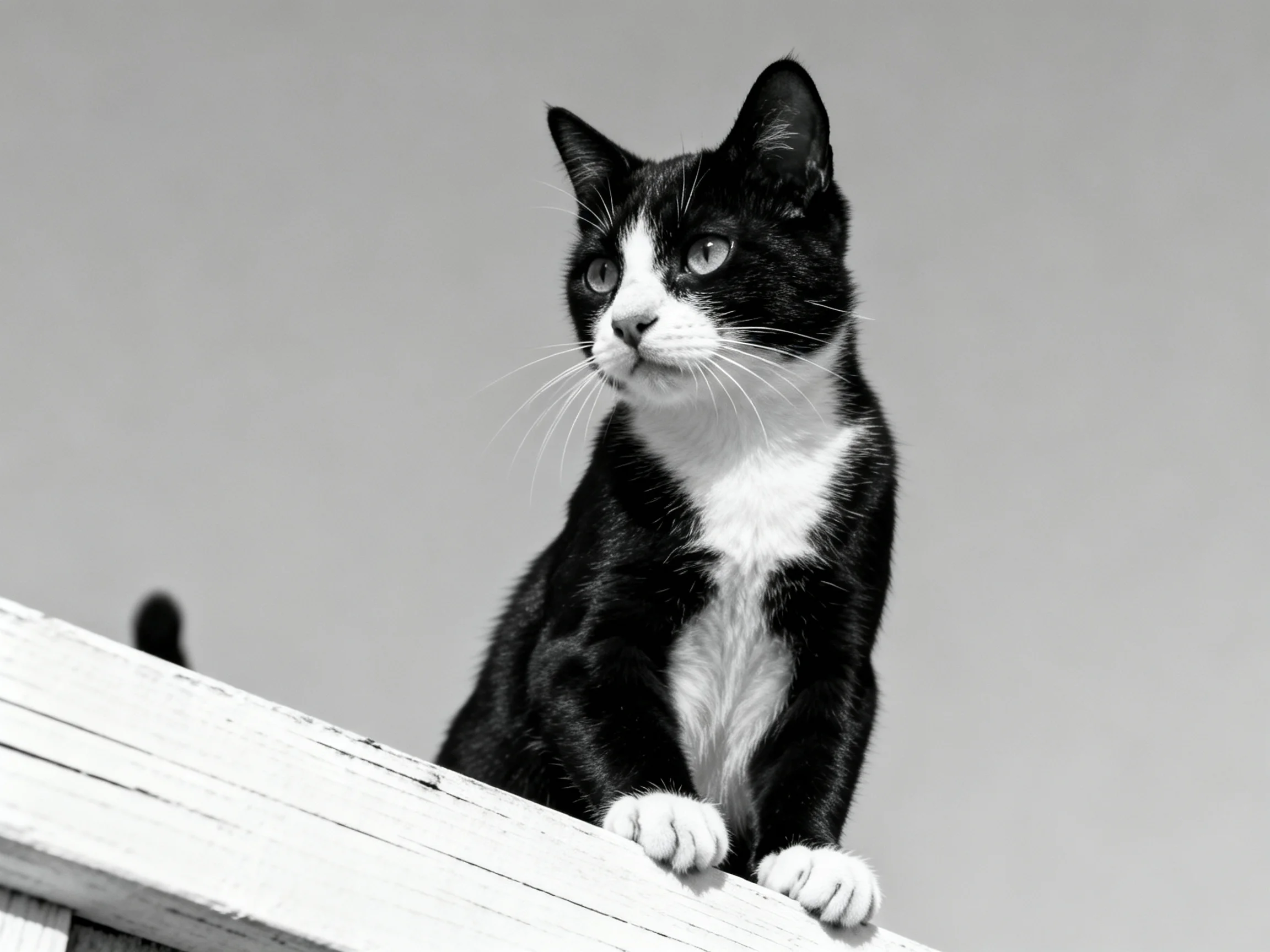 A black and white cat stands alertly on a wooden ledge.