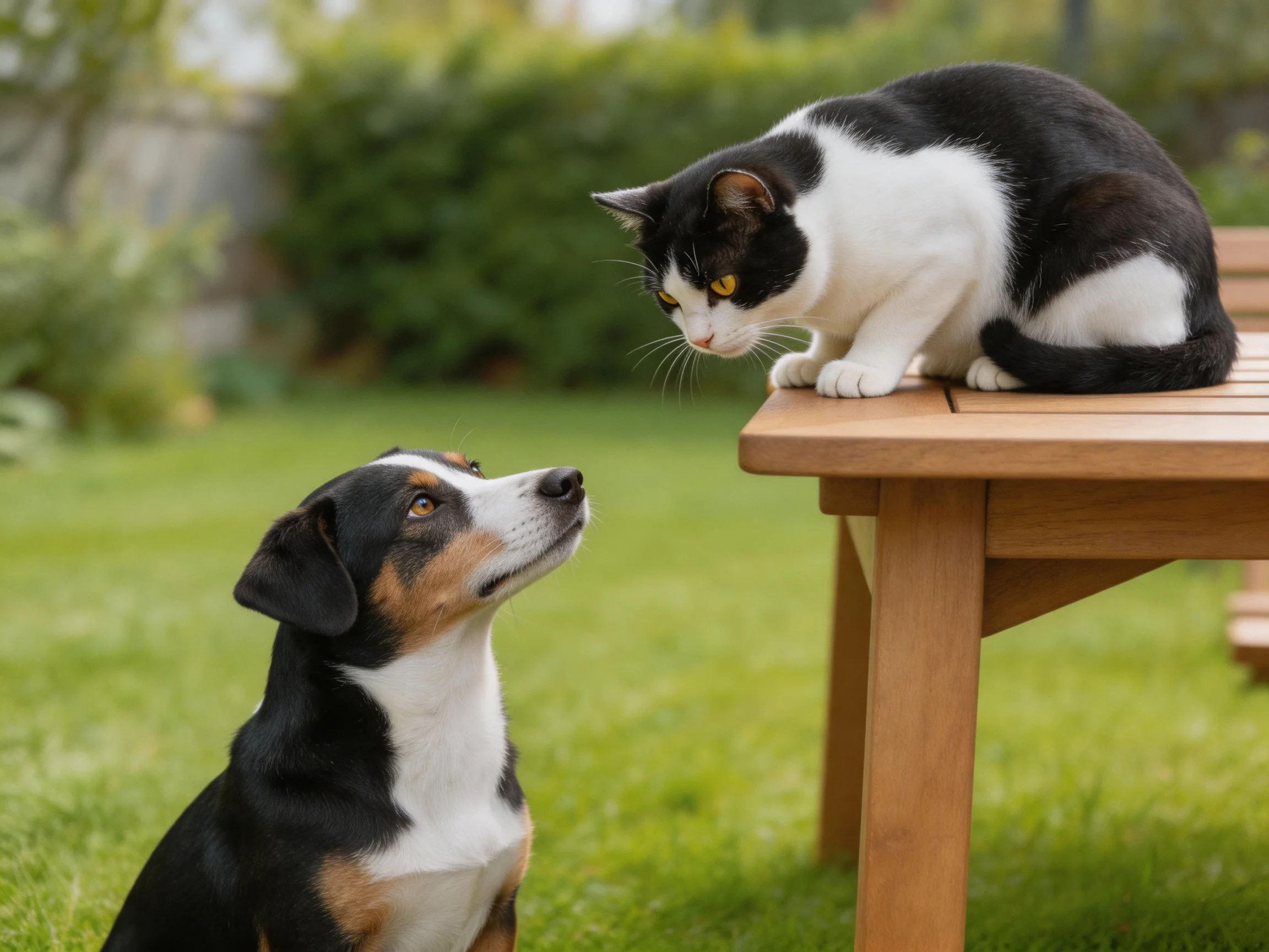 A black - and - white cat observes a tricolor dog in a green garden