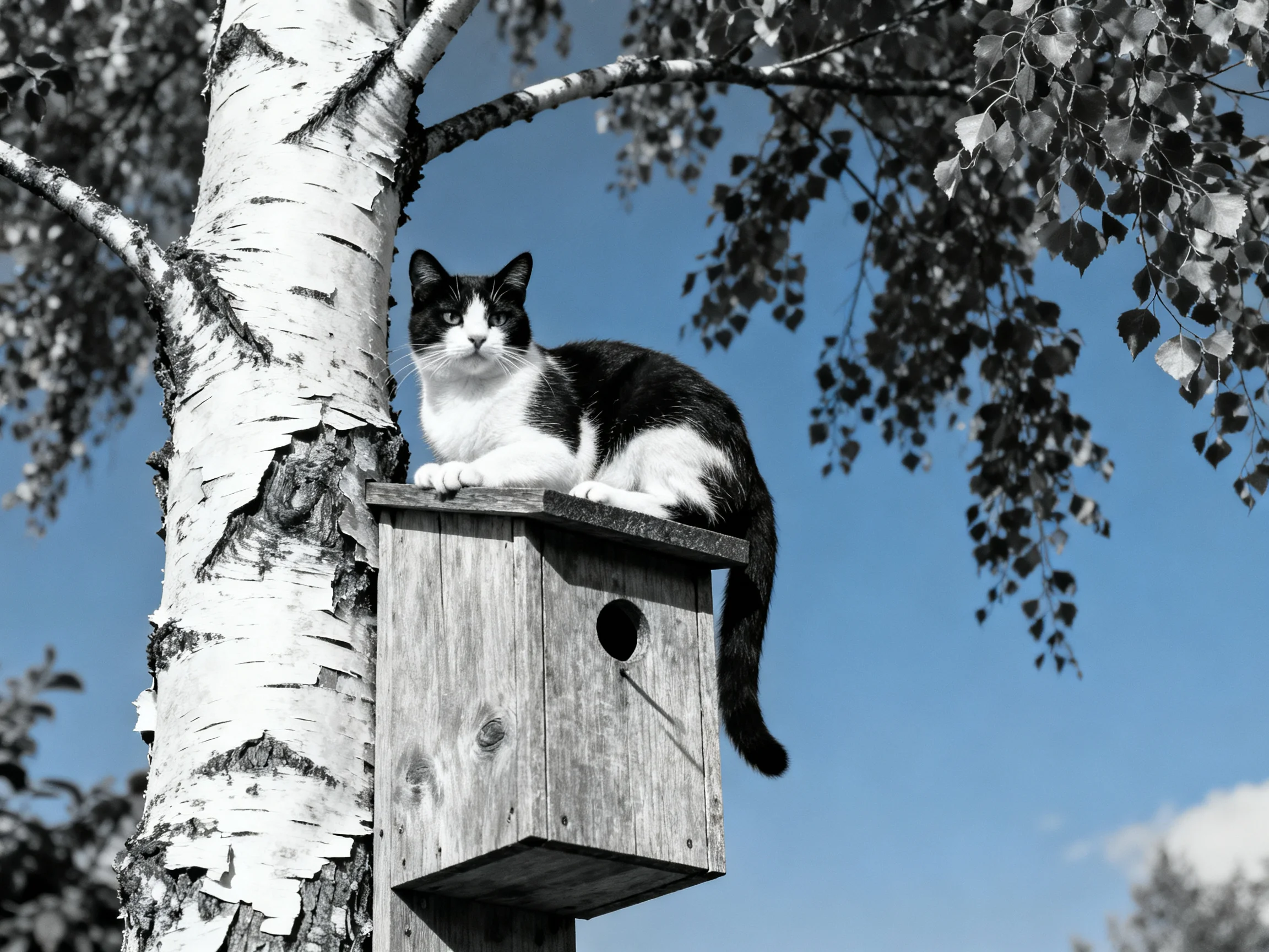 A black - and - white cat sits on a wooden birdhouse next to a birch tree under a clear blue sky.