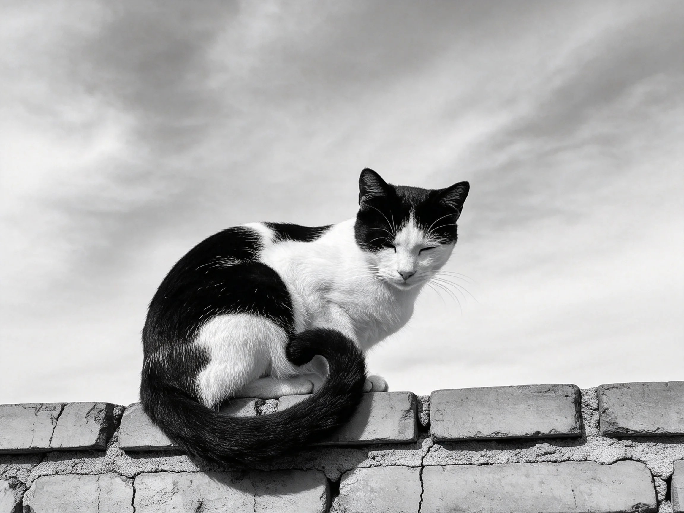 A black - and - white cat sits calmly on an aged brick wall.