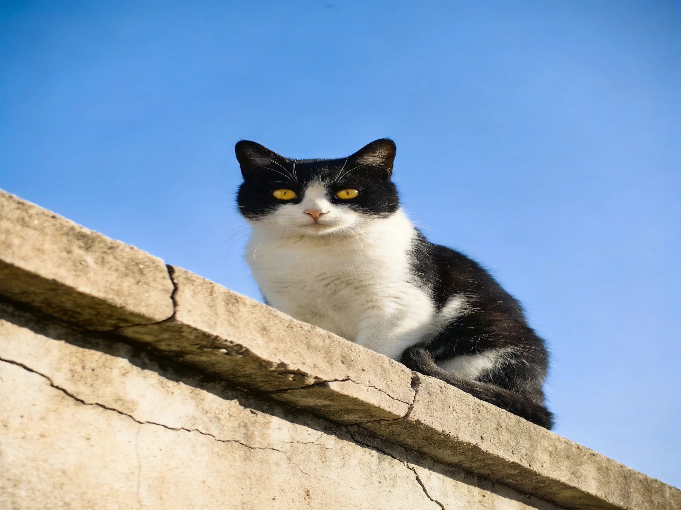 A black - and - white cat sits on a weathered concrete ledge beneath a clearblue sky