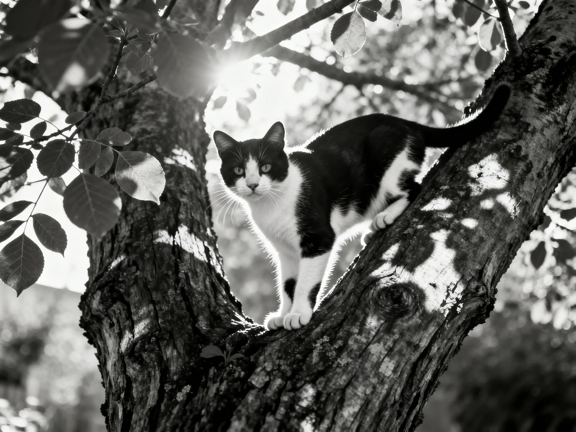A black - and - white cat perches on gnarled tree branches