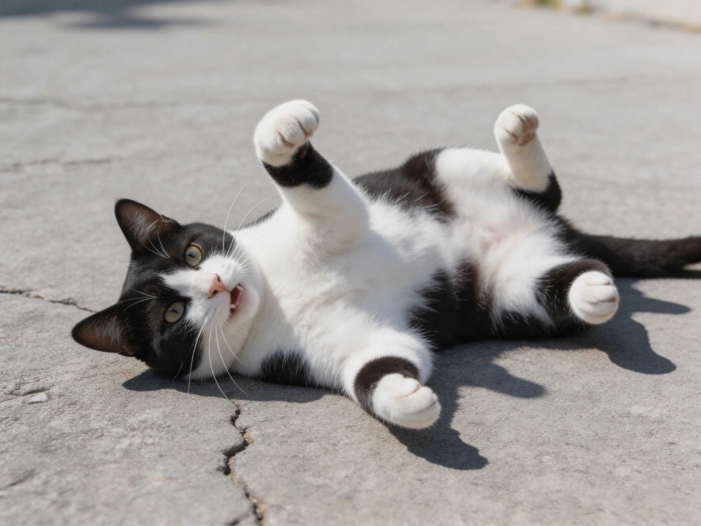 A black - and - white cat playfully rolling on a cracked pavement