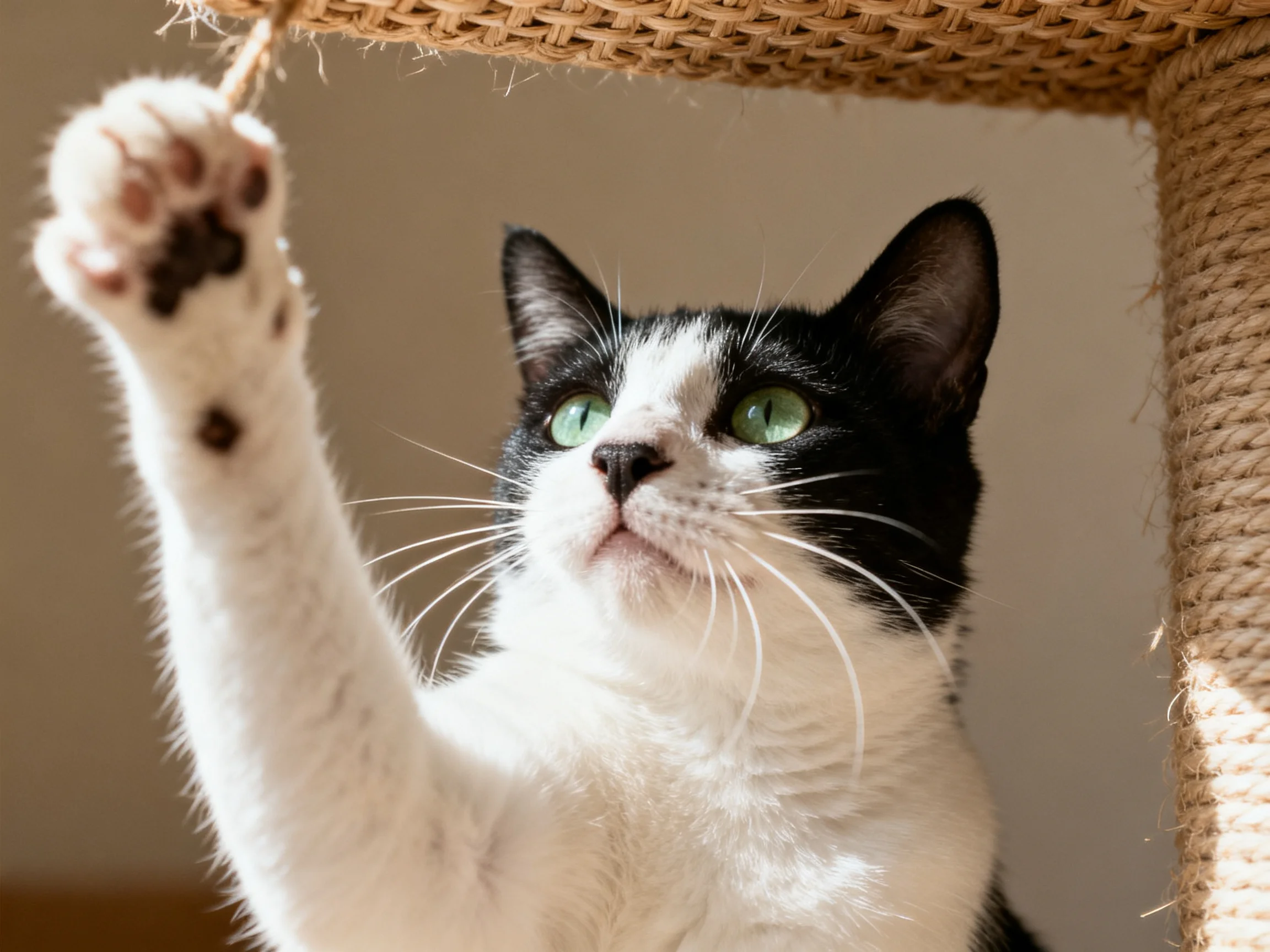 A black - and - white cat reaches upward toward a rope toy by a scratching post