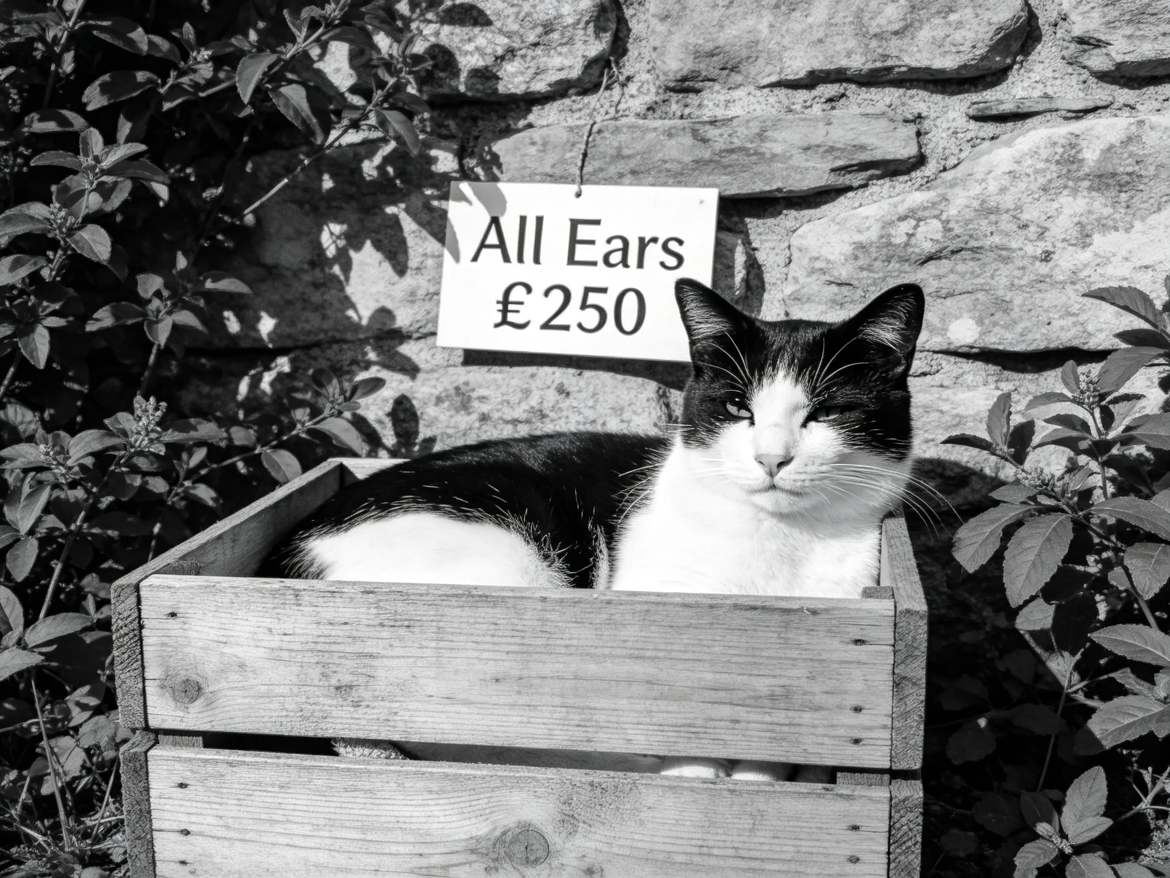 A black - and - white cat rests in a wooden crate with a humorous sign nearby