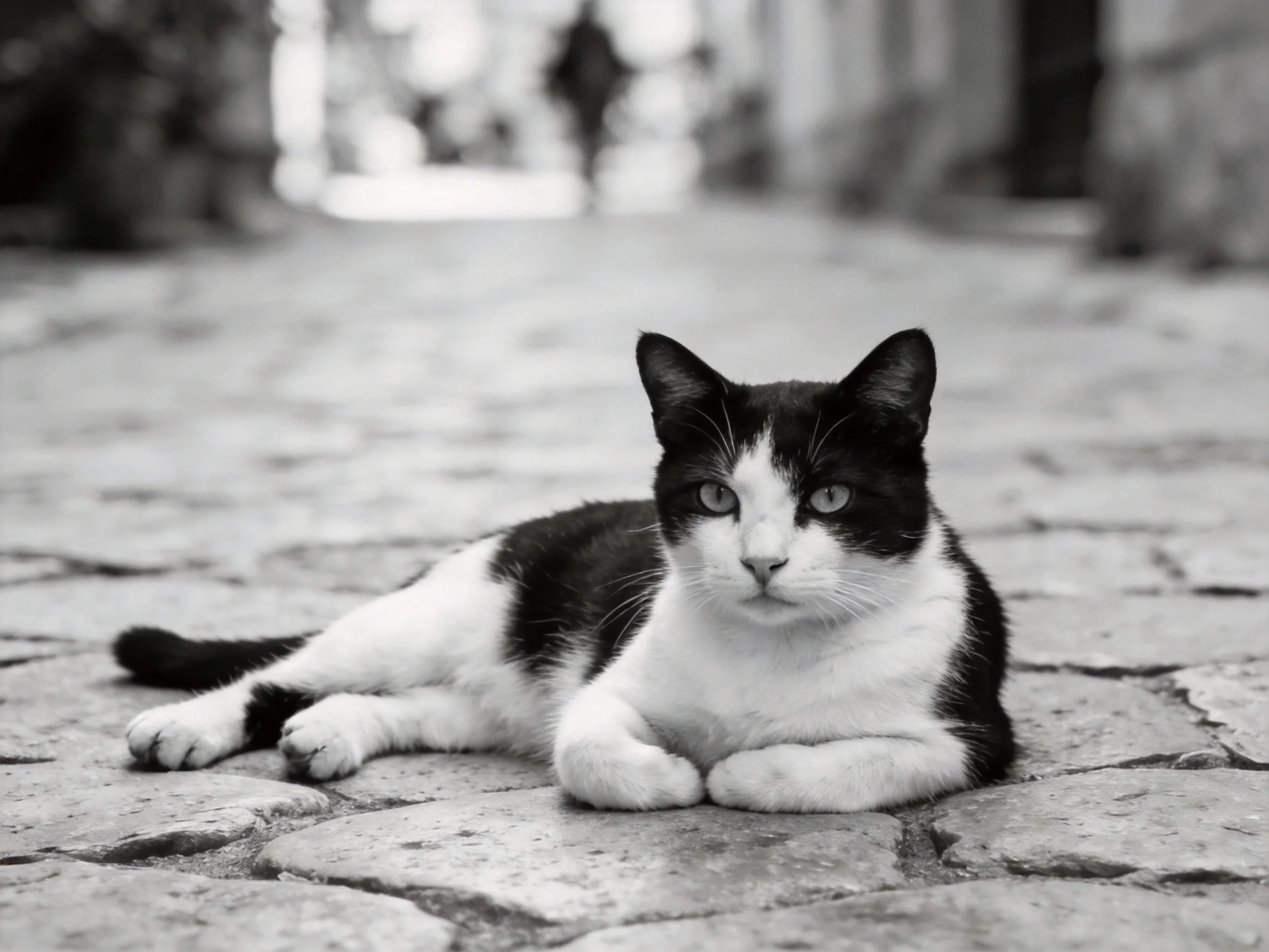 A black - and - white cat rests on a cobblestone surface.