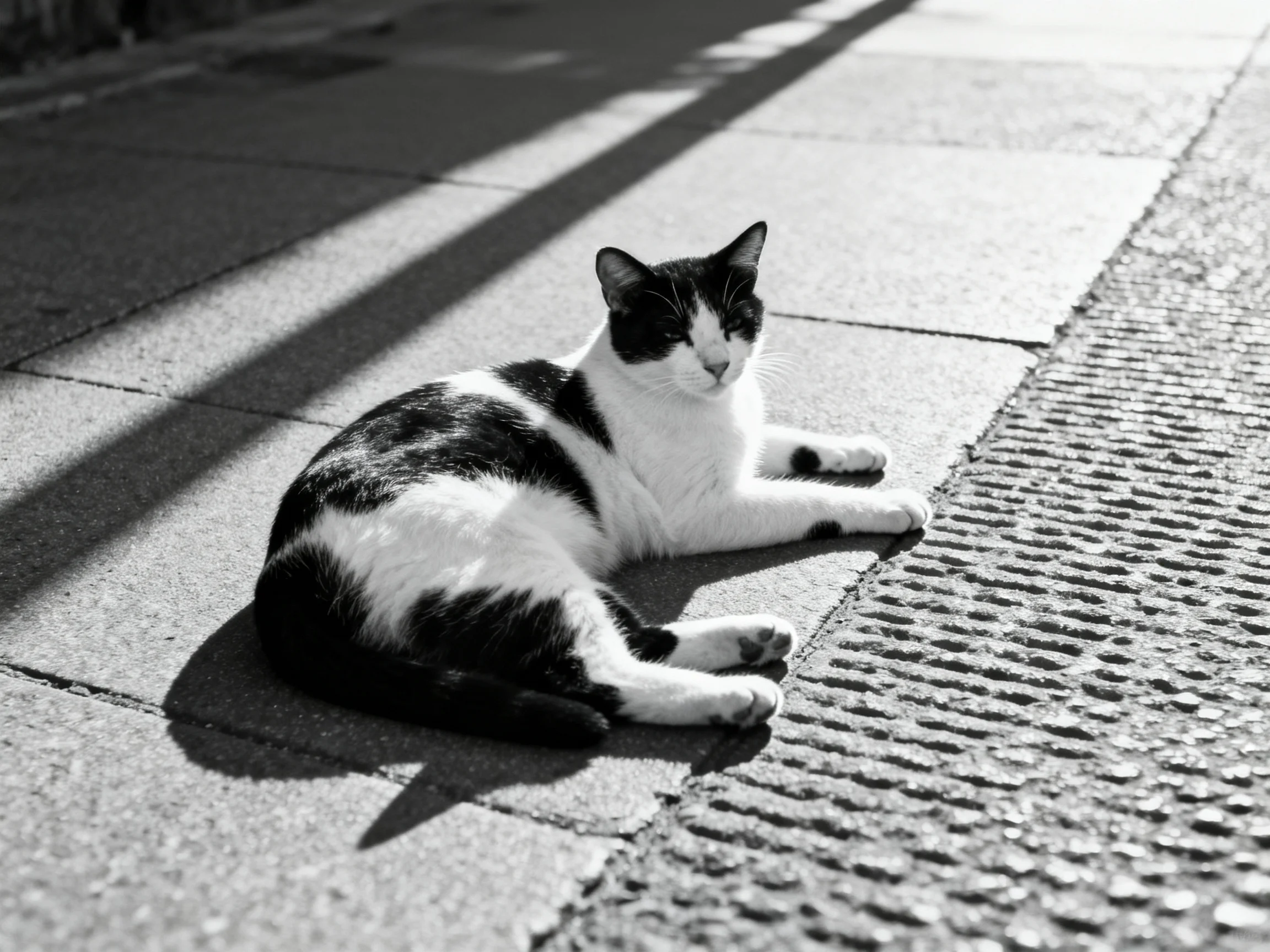A black - and - white cat rests on pavement close to a grated area
