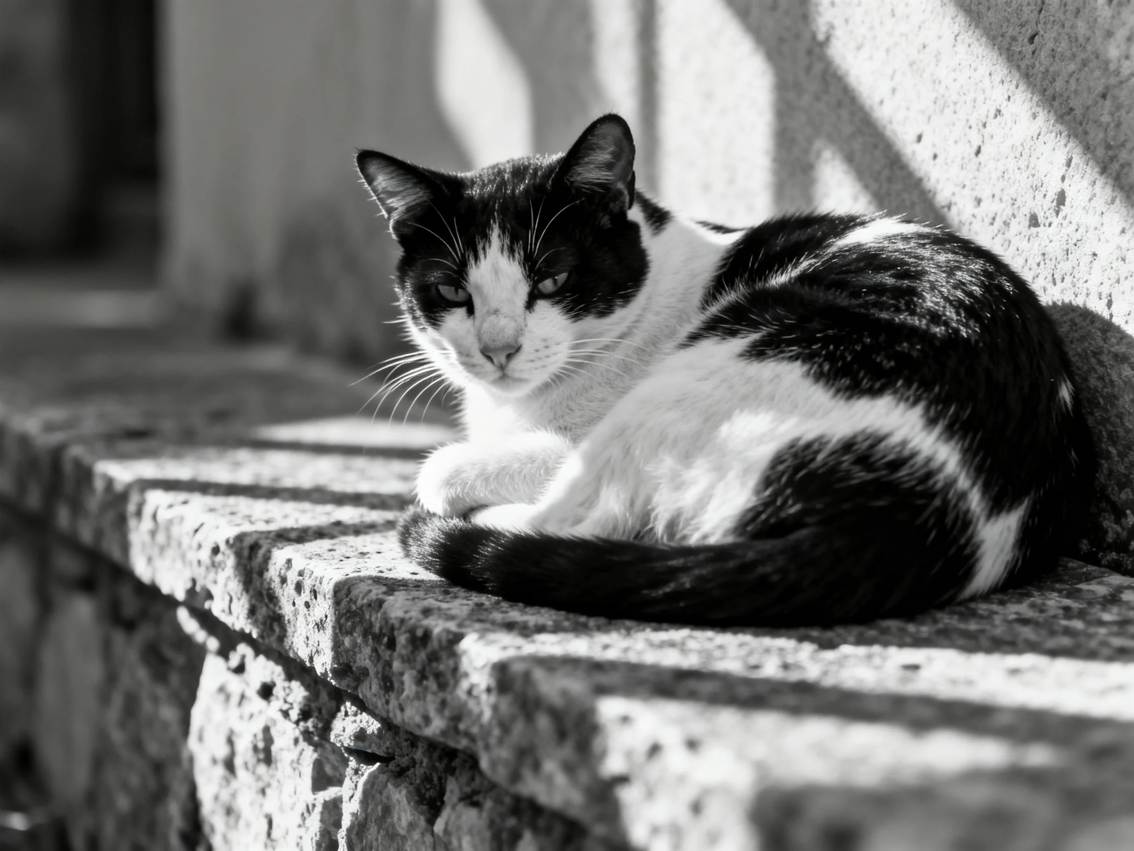 A black - and - white cat rests on a stone ledge by a wall with shadow patterns