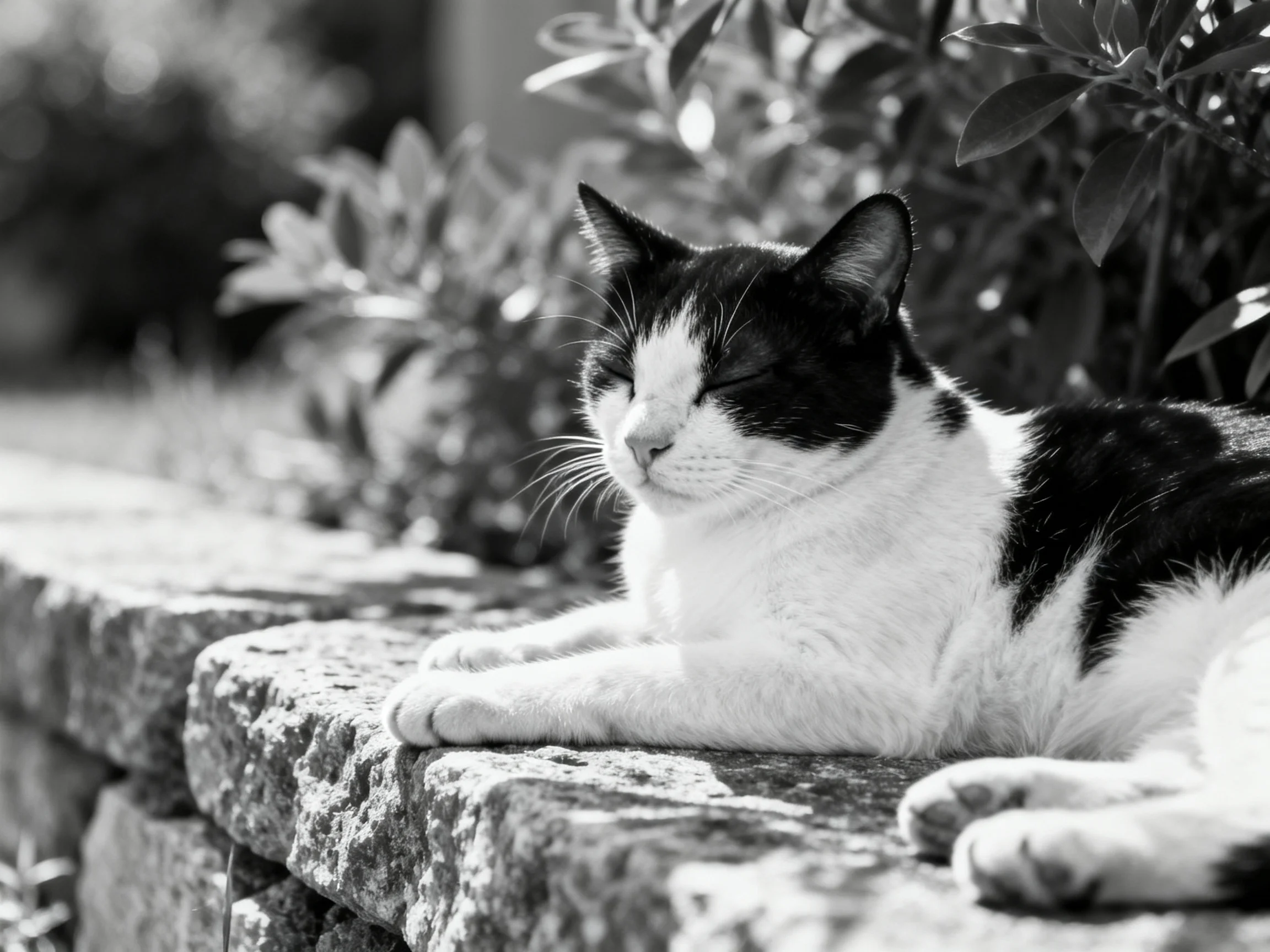 A black - and - white cat lies calmly on a stone ledge amid surrounding plants.