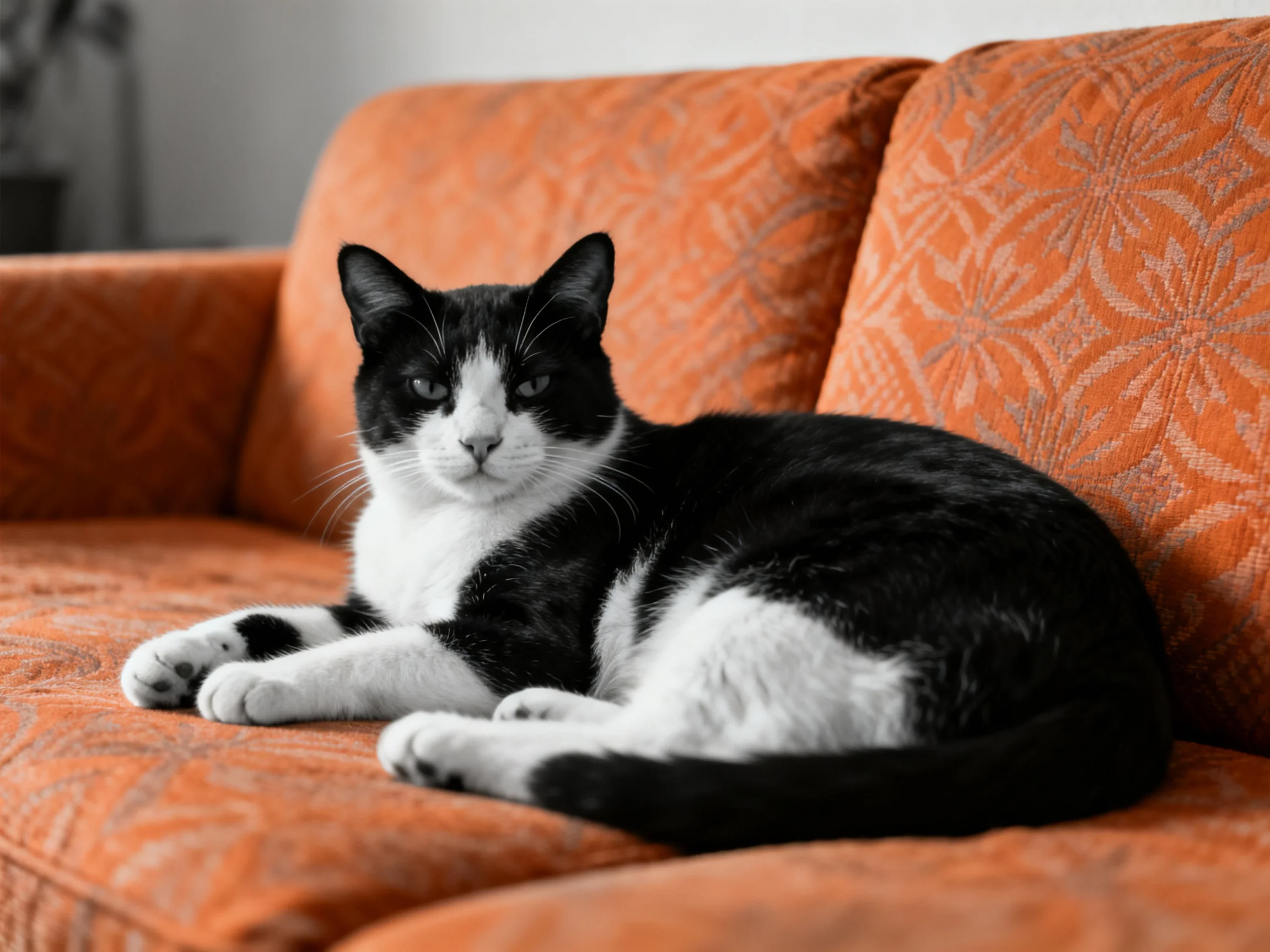 A black - and - white cat relaxes on an orange sofa.