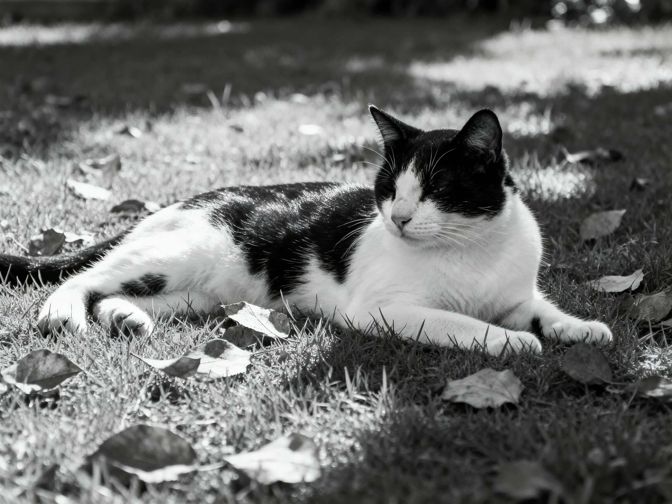 A black - and - white cat relaxes among leaves on grass.