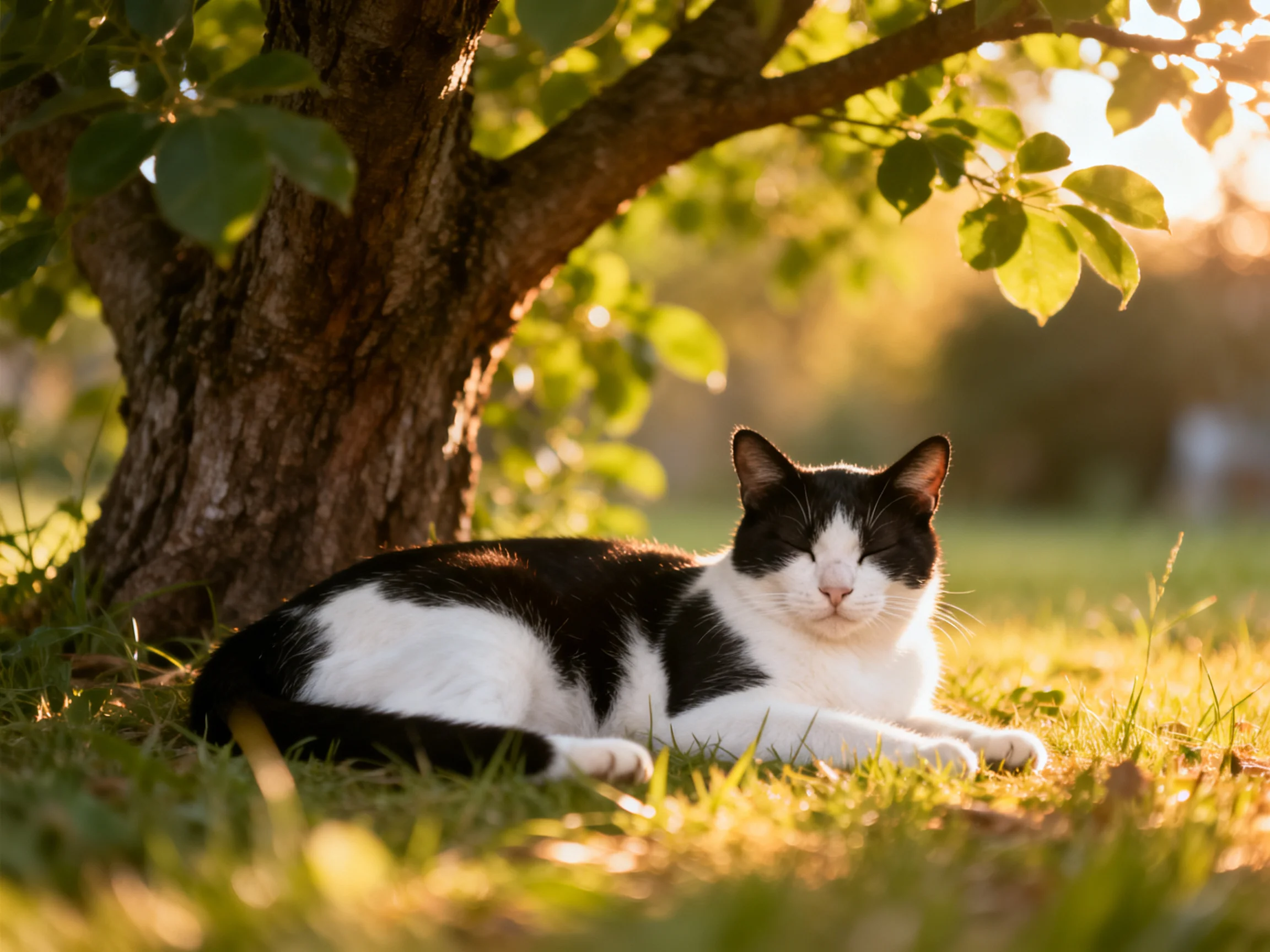 A black - and - white cat rests beneath a large tree in golden sunlight
