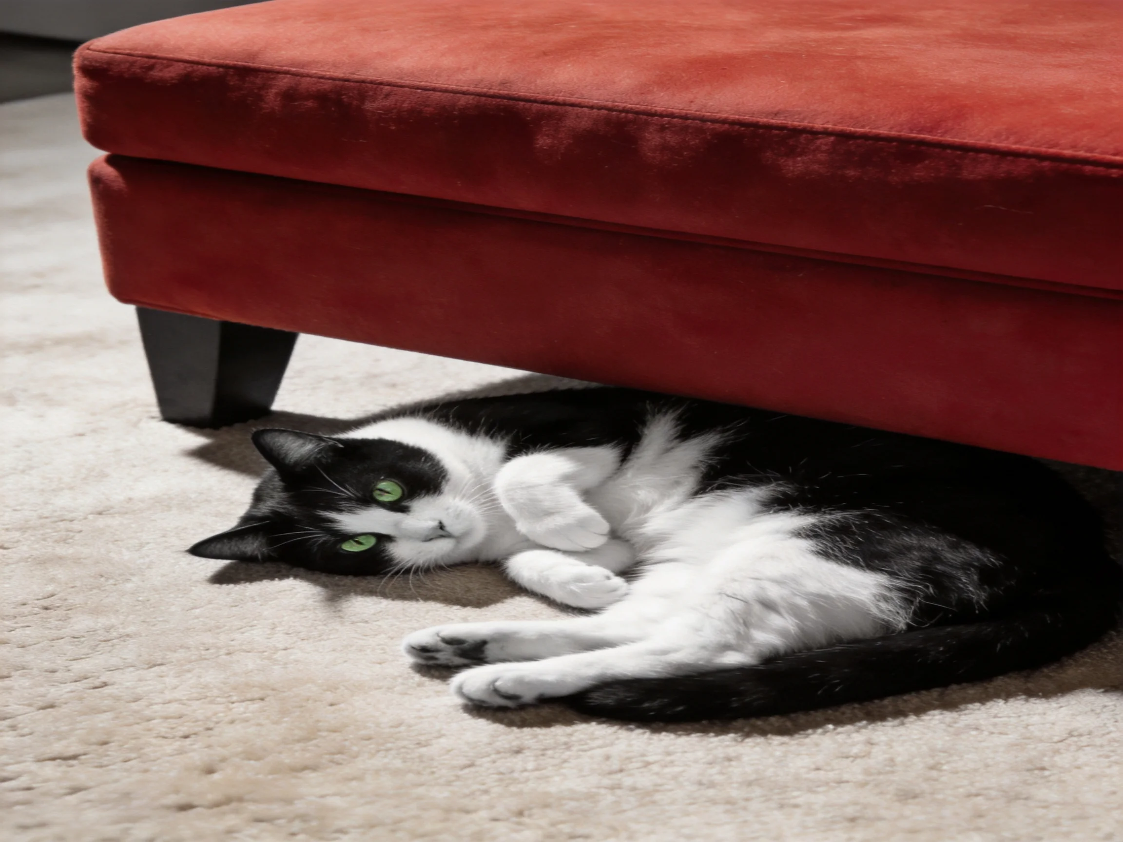 A black - and - white cat rests beneath a plush red ottoman