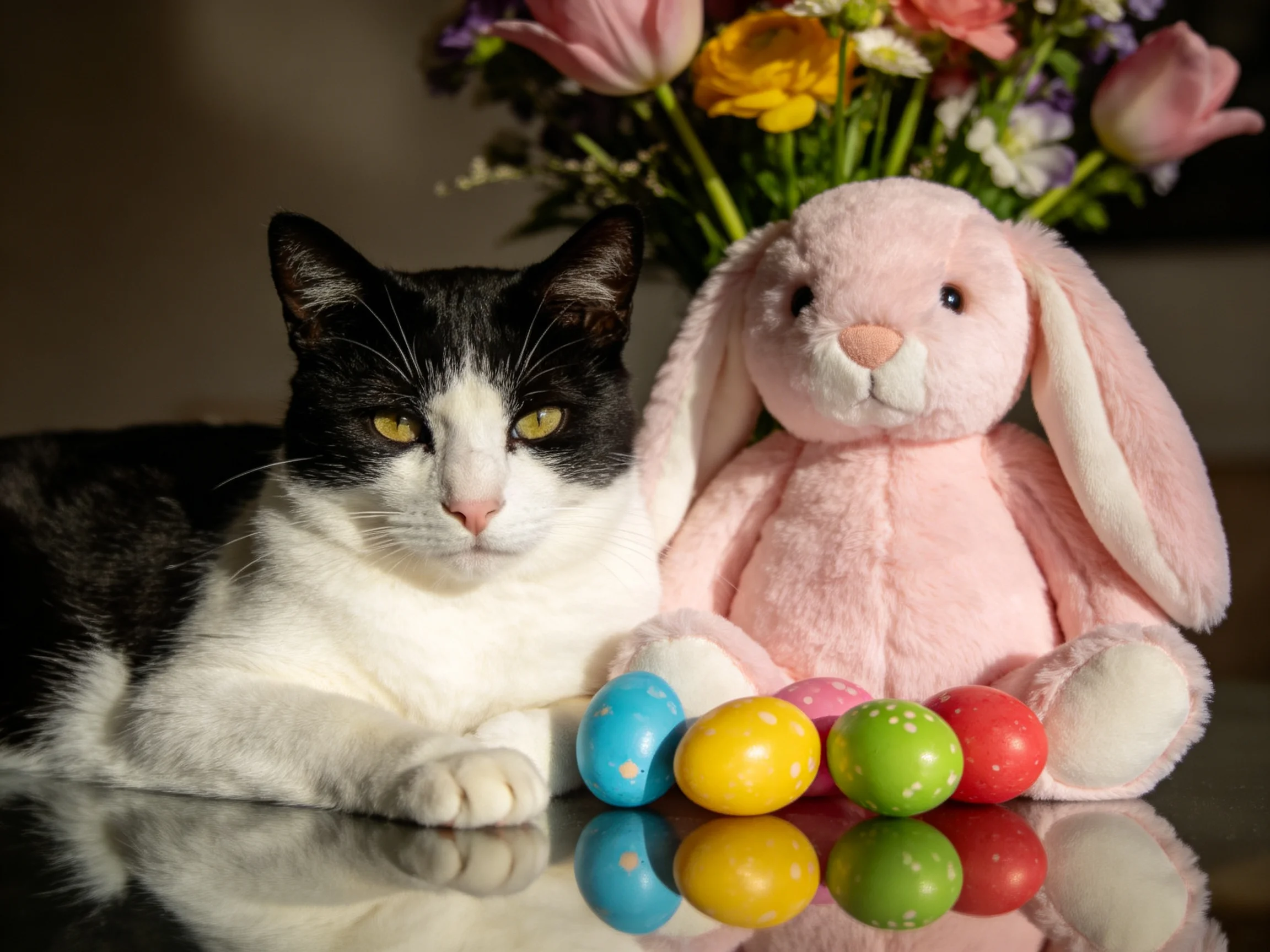 A black - and - white cat rests beside a pink stuffed bunny
