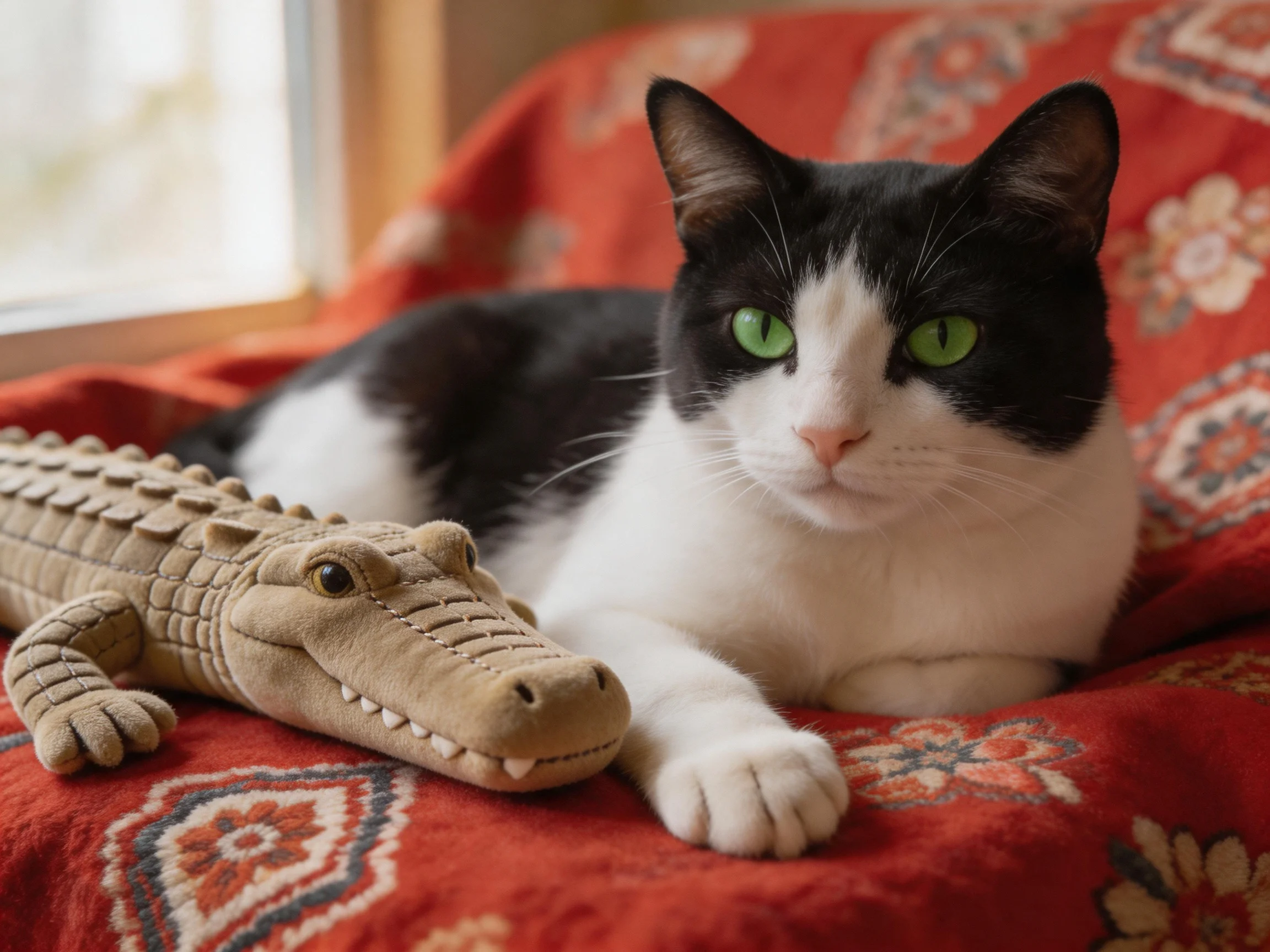 A black - and - white cat rests beside a tan stuffed crocodile ona red patterned blanket.