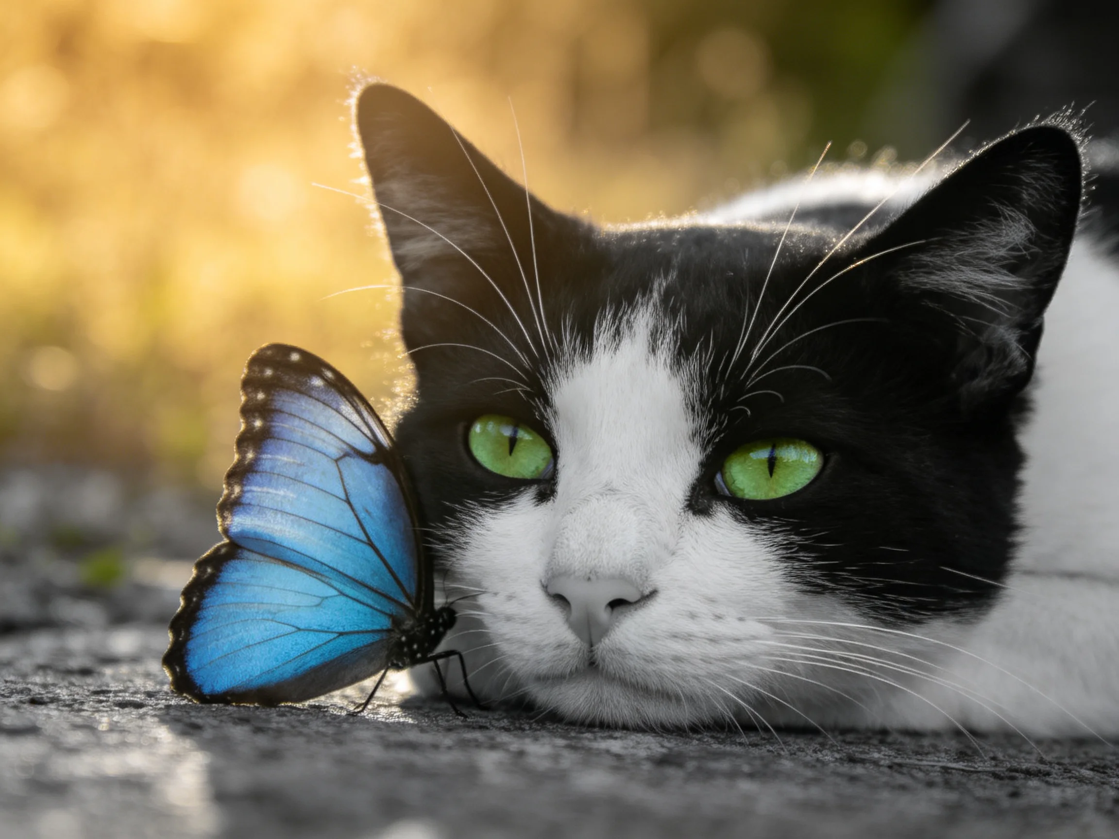 A black - and - white cat rests beside a vivid blue butterfly