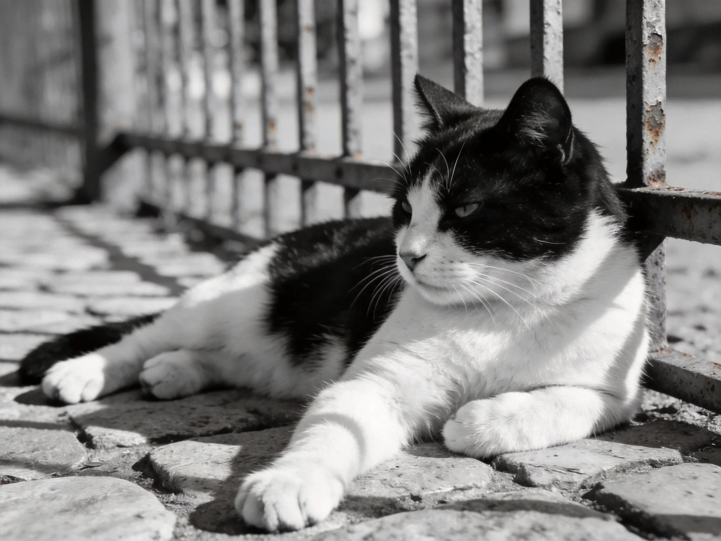 A black - and - white cat rests beside an aged metal fence on cobblestones