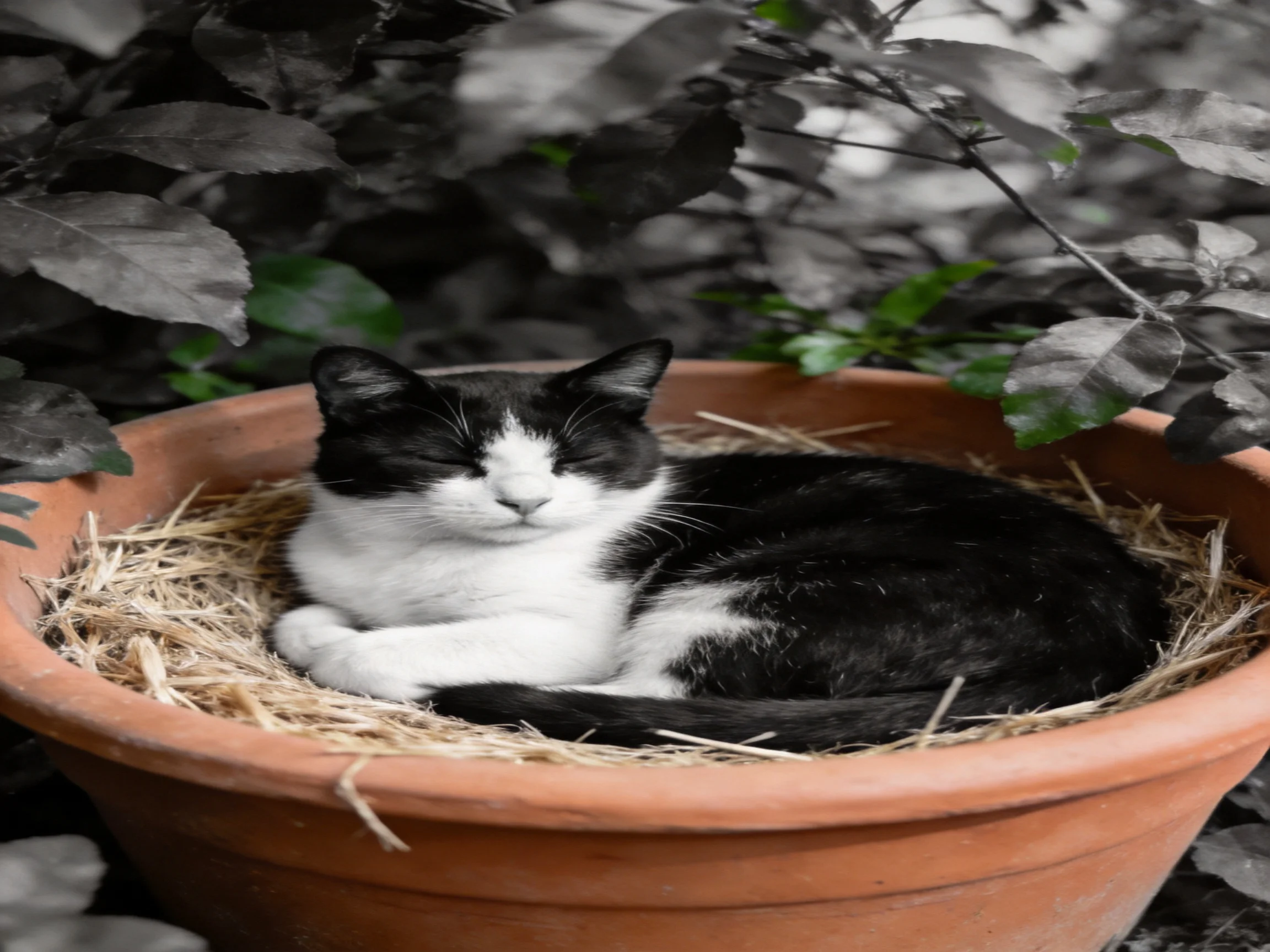 A black - and - white cat rests in a terracotta pot filled with straw among foliage