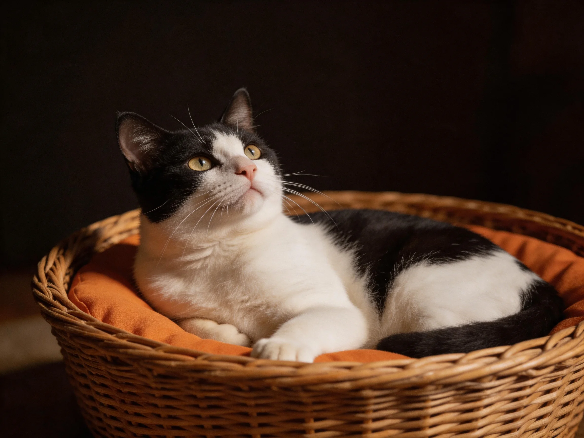 A black - and - white cat rests in a wicker basket with an orange cushion