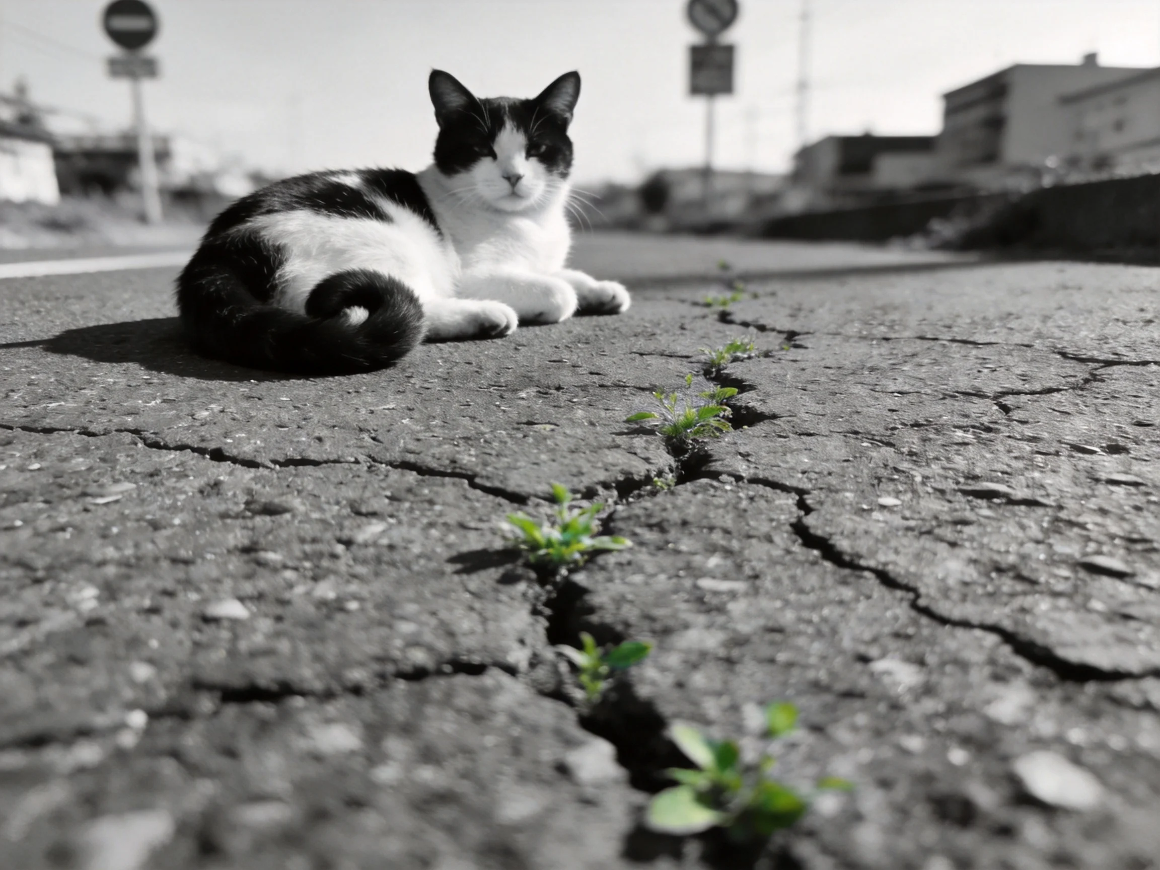 A black - and - white cat lies on cracked pavement with small plants growing between the cracks.