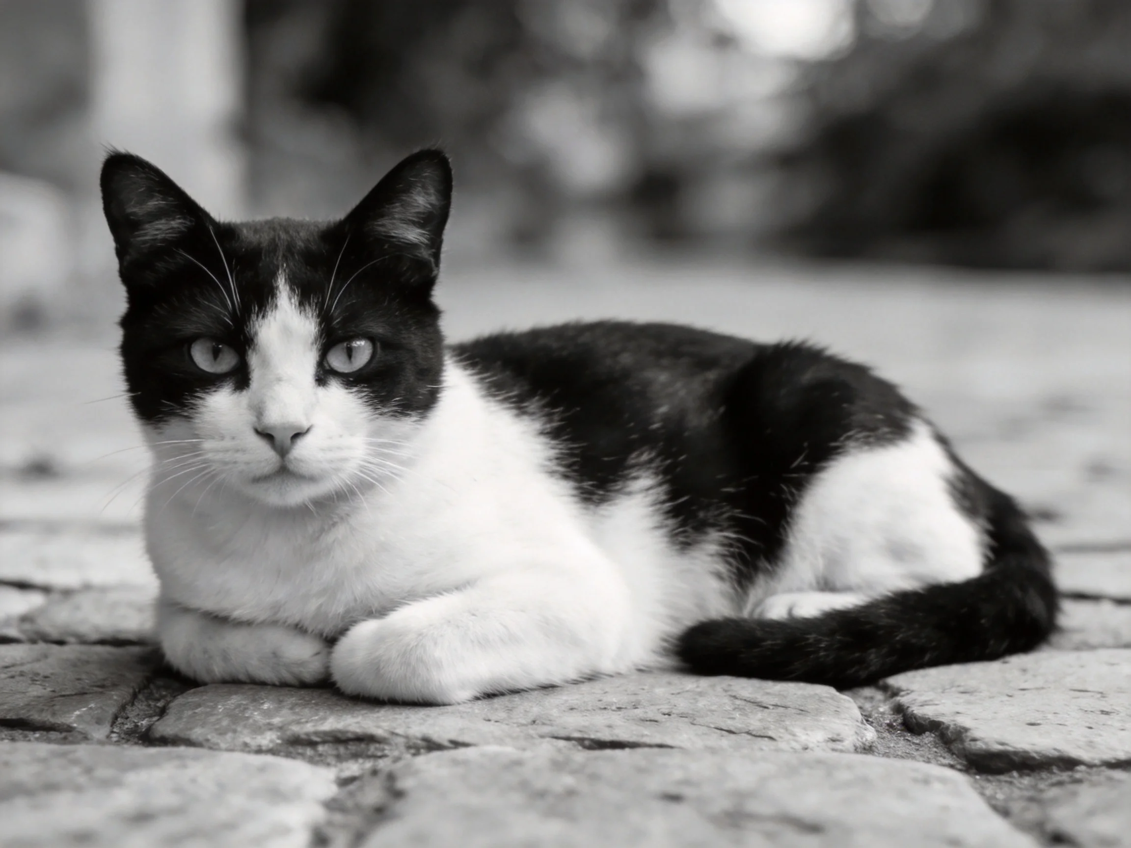 A black - and - white cat sits calmly on a cobblestone surface.