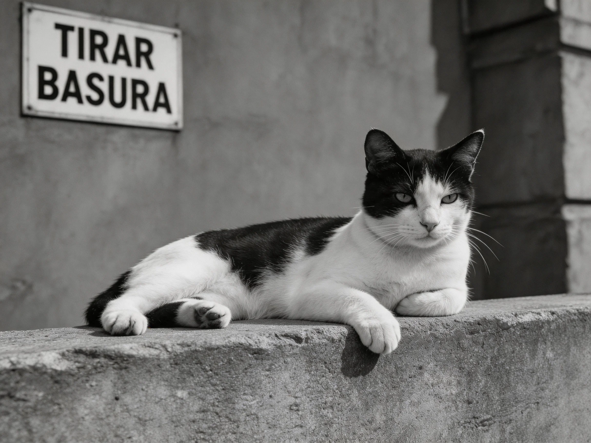 A black - and - white cat rests on a concrete ledge near a Tirar Basura sign